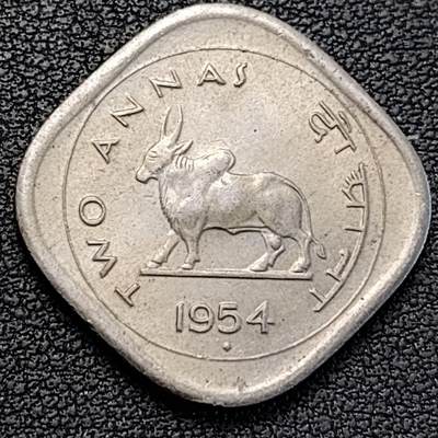 泉币菌-第188场- 精品福利场（本周五和之前拍的 2月14日发货） - 稀少 神牛 带底光 1954年印度建国初版 2安那镍币 21.8/25.5mm × 1.8mm