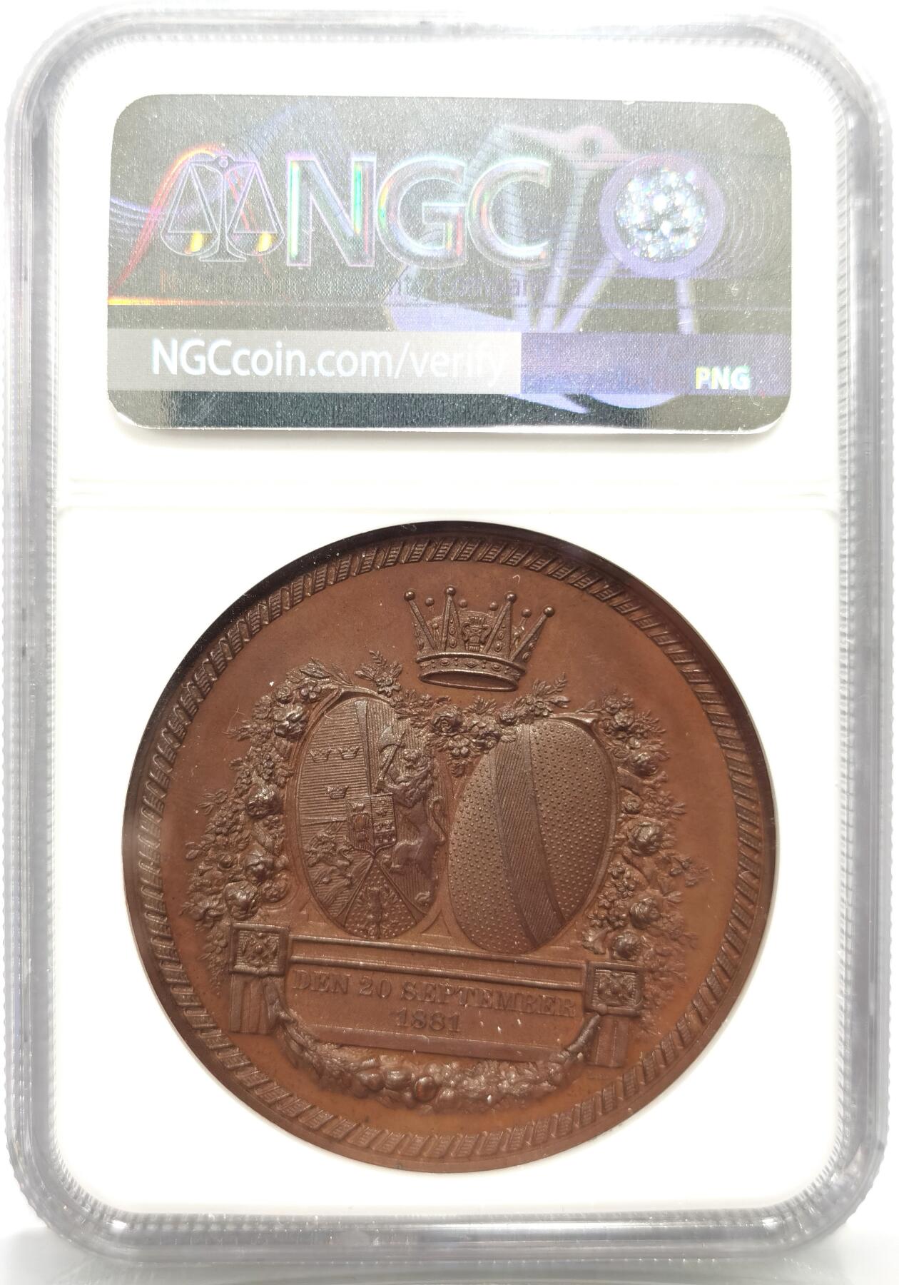 博洋堂蛇年收官专场暨第161期（全场包邮） NGC MS63BN 瑞典1881年古斯塔夫五世与维多利亚公主皇家婚礼纪念铜章，加厚盒
