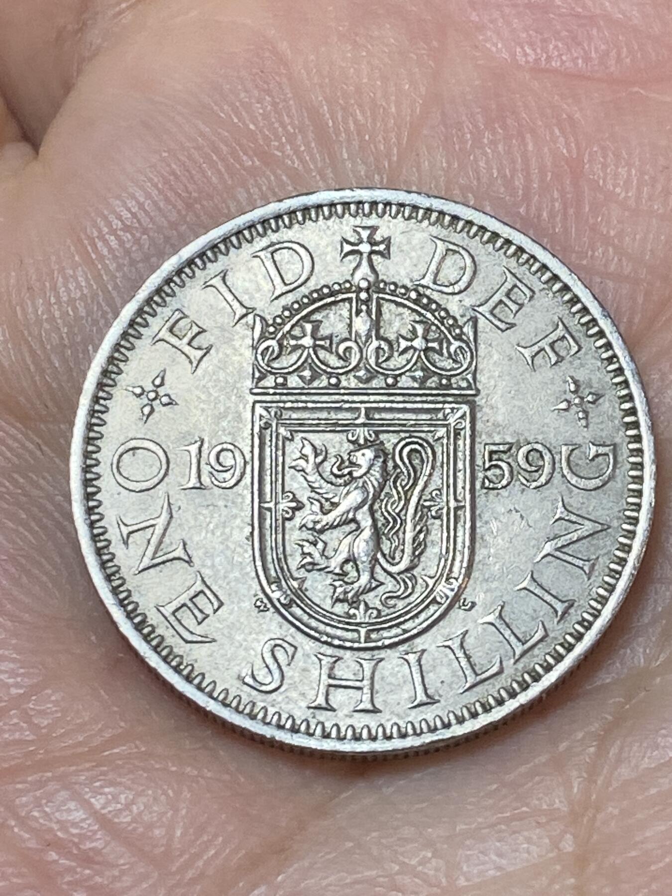 2026年第二十二场(总第一百九十一场）外国好品散币场(免佣金) 稀年–英国🇬🇧1959年1先令(伊丽莎白二世青年桂冠第二版，苏格兰盾徽版，发行量最少年份)