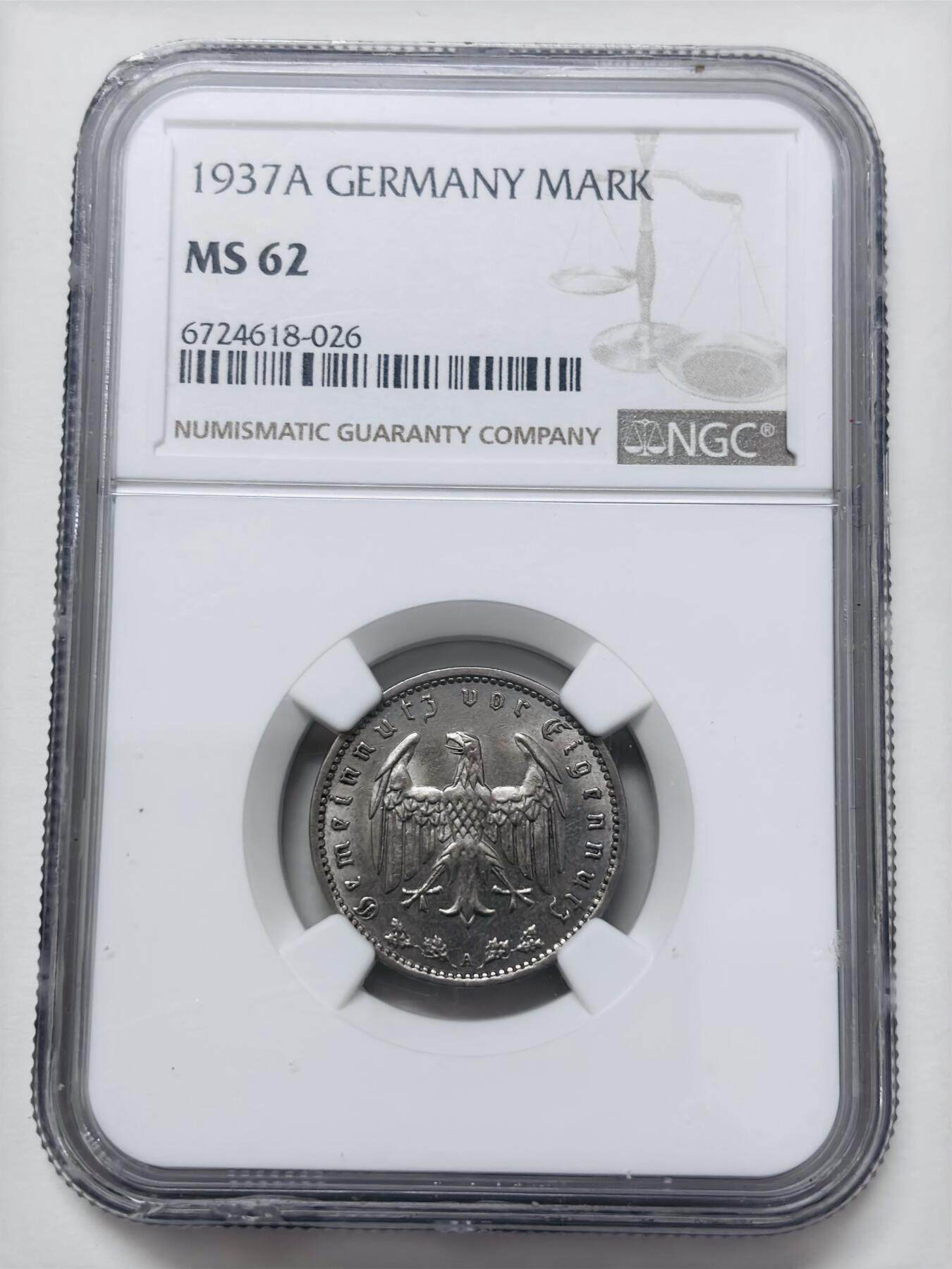 【金马踏春，泉马奔腾】2026 年新年贺岁场，（定于年初五接财神截拍）祝各位老板马到成功，马上有钱，愿岁岁平安喜乐顺遂 NGC MS62 分 1937 年第三帝国 1 马克镍币 A 厂，原光少见好品，细节看图