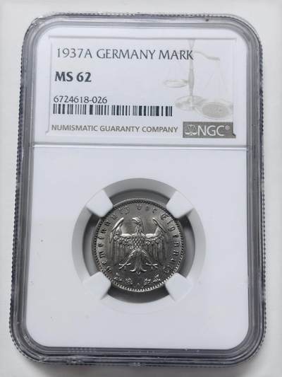 【金马踏春，泉马奔腾】2026 年新年贺岁场，（定于年初五接财神截拍）祝各位老板马到成功，马上有钱，愿岁岁平安喜乐顺遂 - NGC MS62 分 1937 年第三帝国 1 马克镍币 A 厂，原光少见好品，细节看图