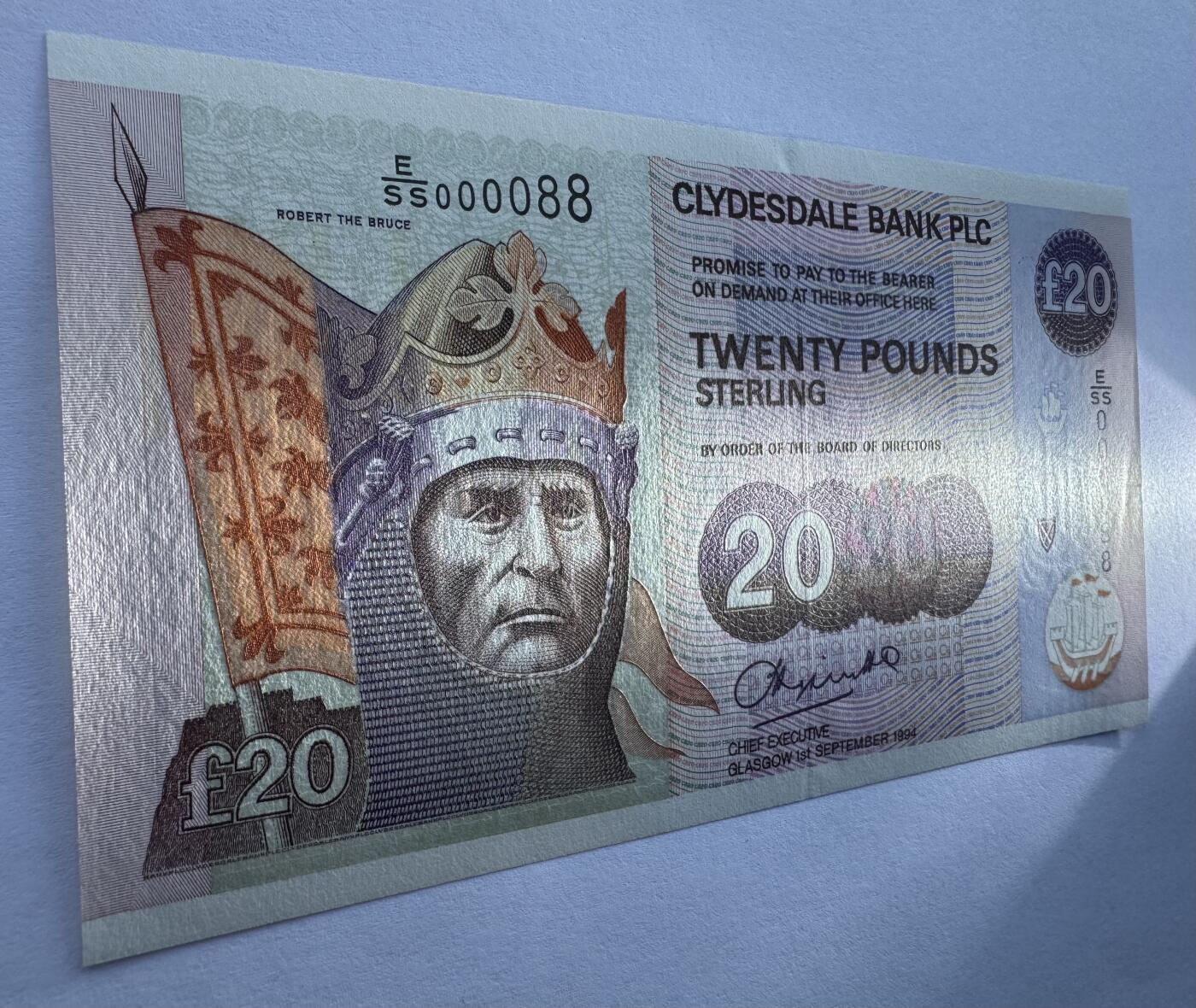 2026第3场（总第230期）：精品测试钞、外钞综合场 Spink拍品E/SS000088 苏格兰克莱斯戴尔银行1994年版20镑UNC