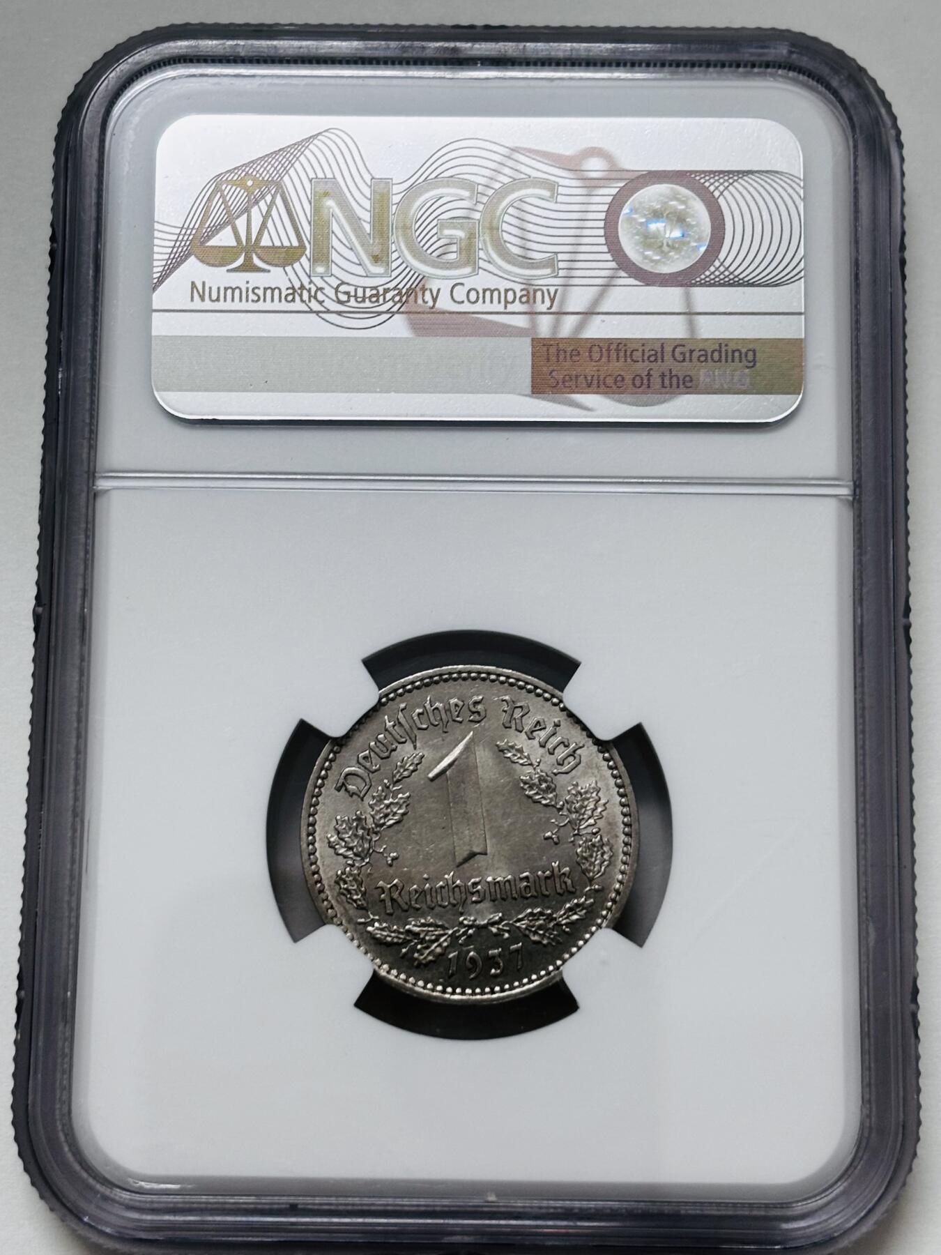 【金马踏春，泉马奔腾】2026 年新年贺岁场，（定于年初五接财神截拍）祝各位老板马到成功，马上有钱，愿岁岁平安喜乐顺遂 NGC MS62 分 1937 年第三帝国 1 马克镍币 A 厂，原光少见好品，细节看图