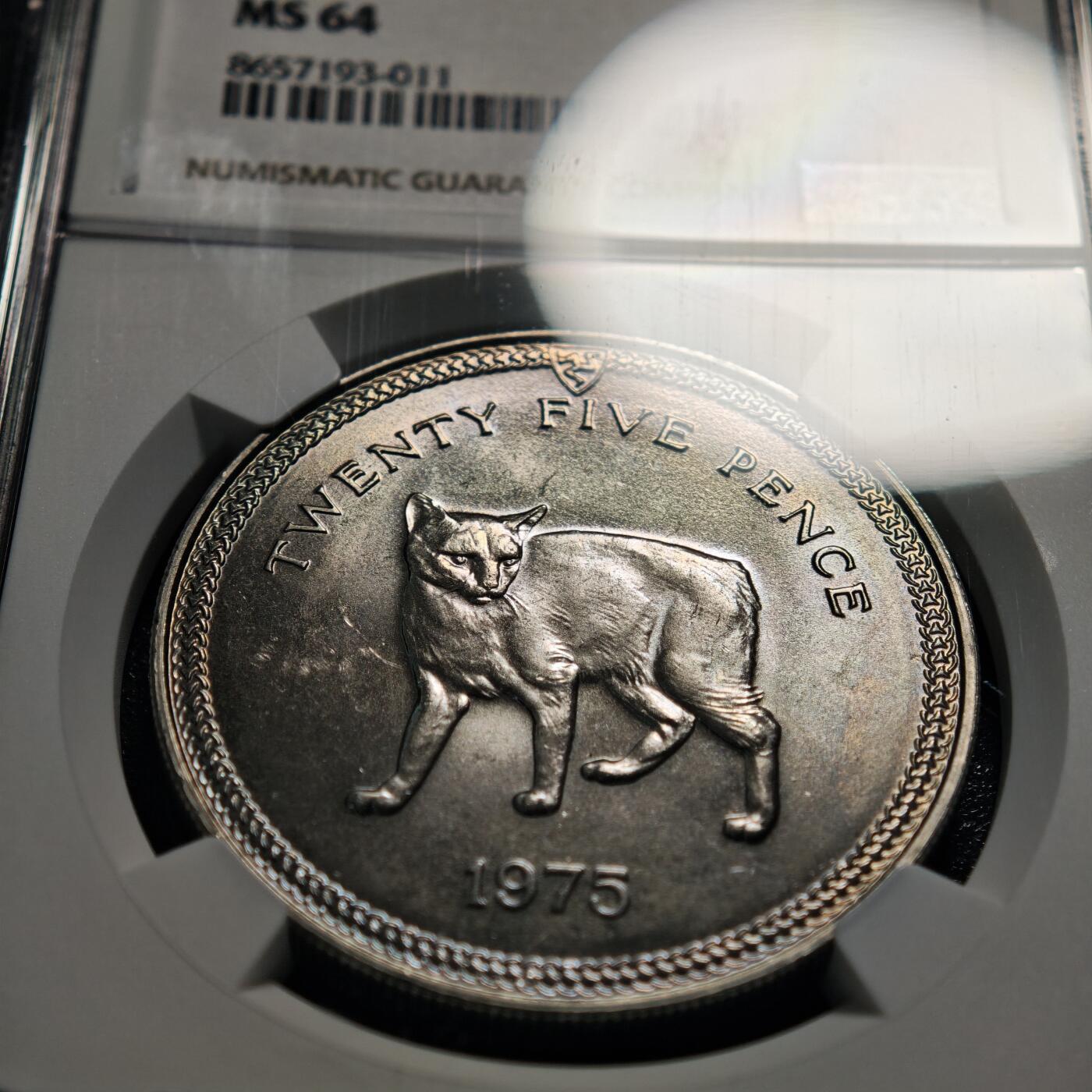【德藏】世界币章拍卖第165期（拍品征集中~欢迎藏友联系） 1975年 马恩岛猫系列25便士纪念镍币 NGC MS64