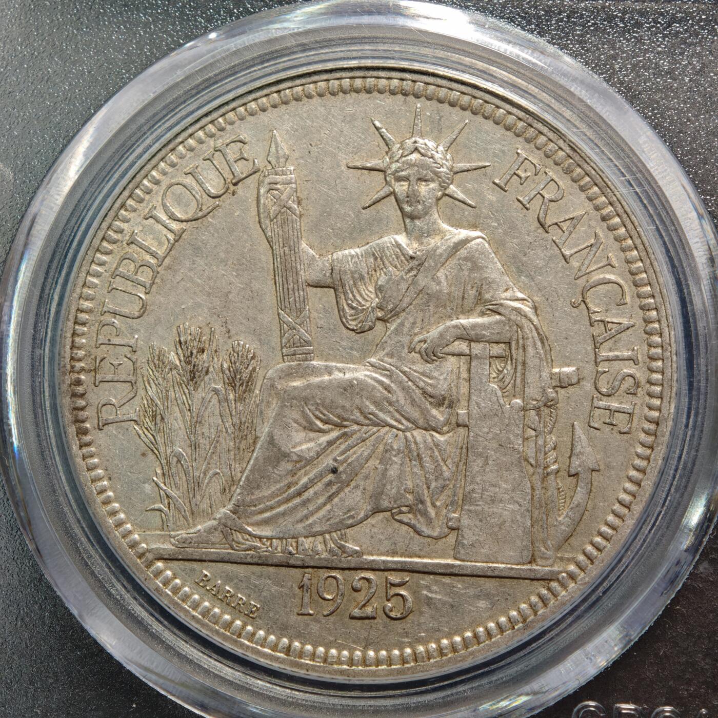 【德藏】世界币章拍卖第165期（拍品征集中~欢迎藏友联系） 1925年 法属印度支那坐洋A版1皮阿斯特银币 公博 AU55