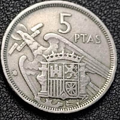 泉币菌-第188场- 迎 情人节专场 本场拍品多 请提前出价（本周五和之前拍的 2月14日发货） - 西班牙1957年5比塞塔 弗朗哥鹰徽23mm