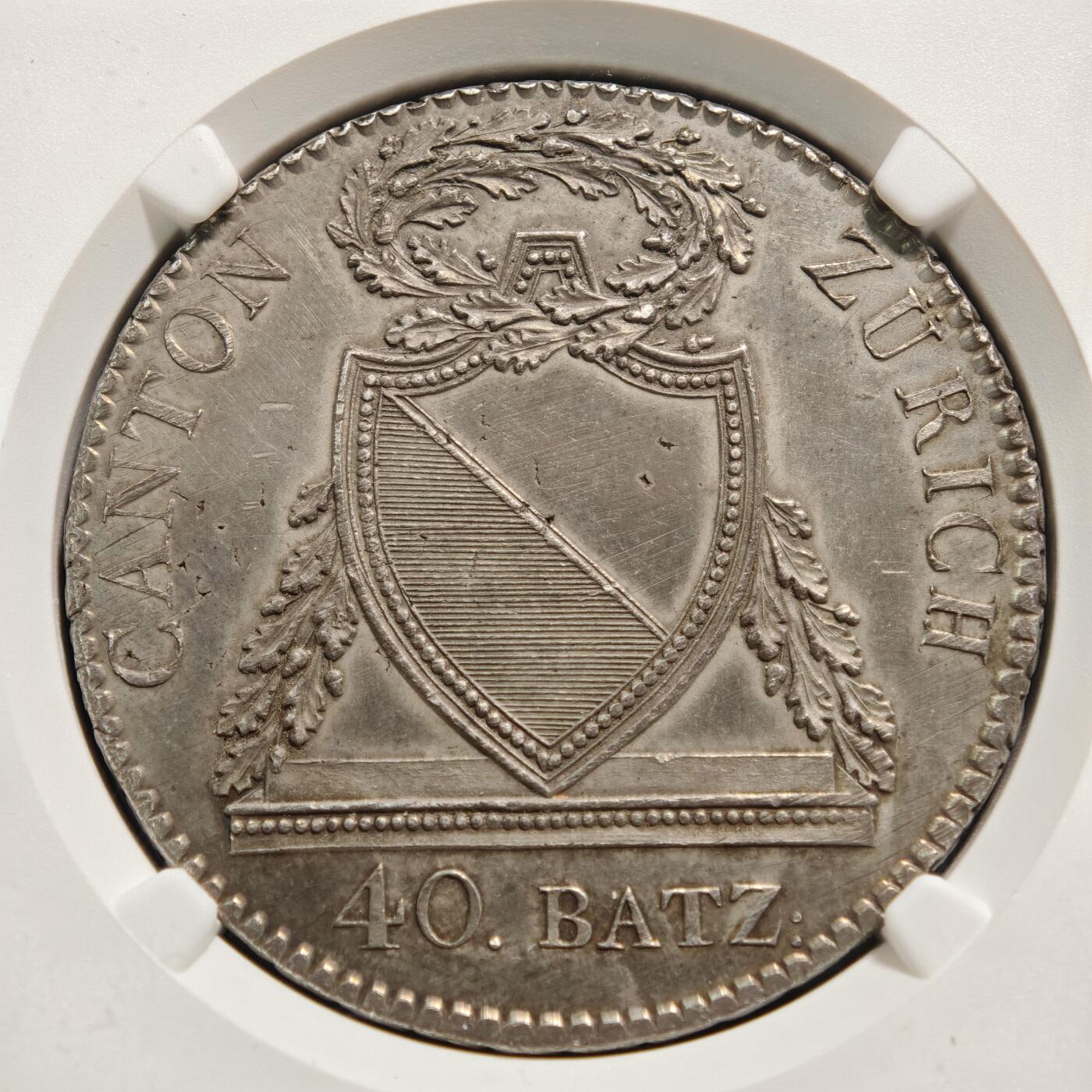 【德藏】世界币章拍卖第165期（拍品征集中~欢迎藏友联系） 1813年 瑞士苏黎世40巴增大银币 NGC UNC