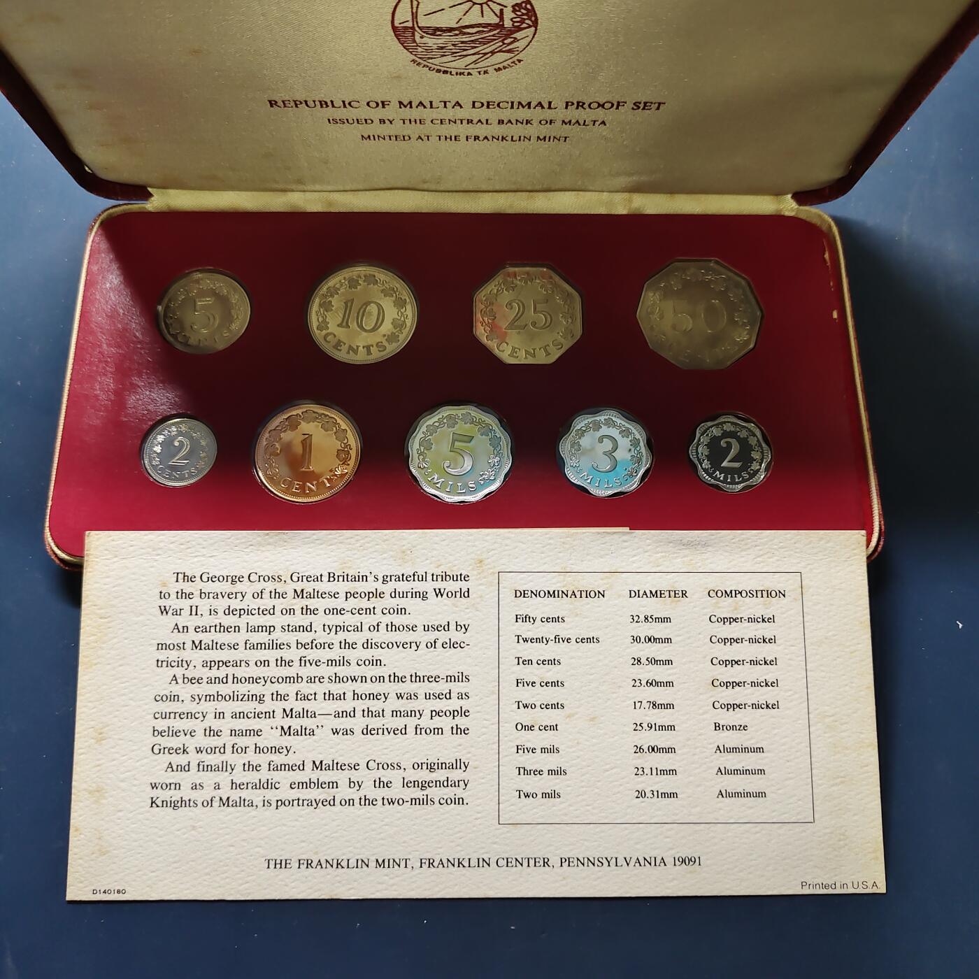 【全场包邮】纯粹捡漏拍503场 【少见】马耳他1977年官方封装精制套币-盒证全-量6884【不是常见的1976年】