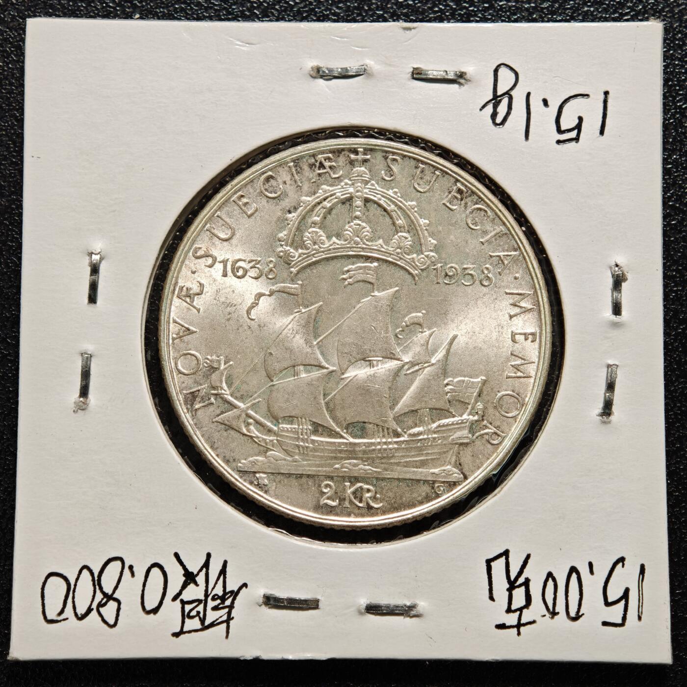 【德藏】世界币章拍卖第165期（拍品征集中~欢迎藏友联系） 老藏家集藏系列之- 1938年 瑞典特拉华州300周年2克朗纪念银币 800银 直径约：31mm；重约：15g 入册20余年·附有当年购入价