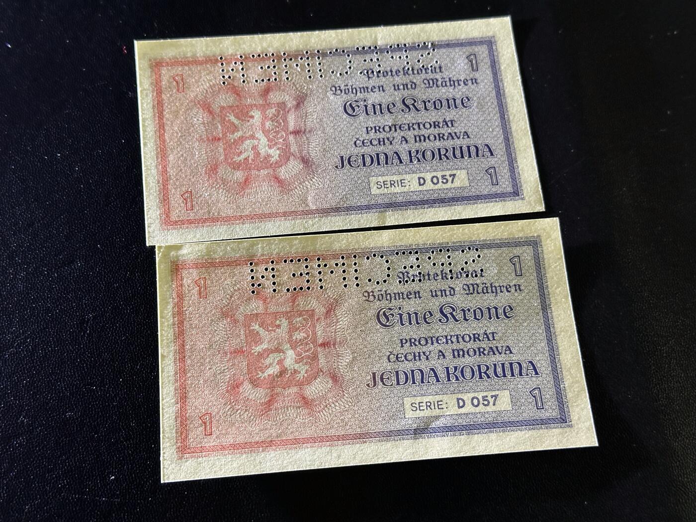 《外钞收藏家》第六百一十期（新年假期场/年后快递恢复正常再发货）（长期征集拍品、欢迎藏友们联系合作） 波希米亚和摩拉维亚1克朗 2张样钞 1张全新一张角有折