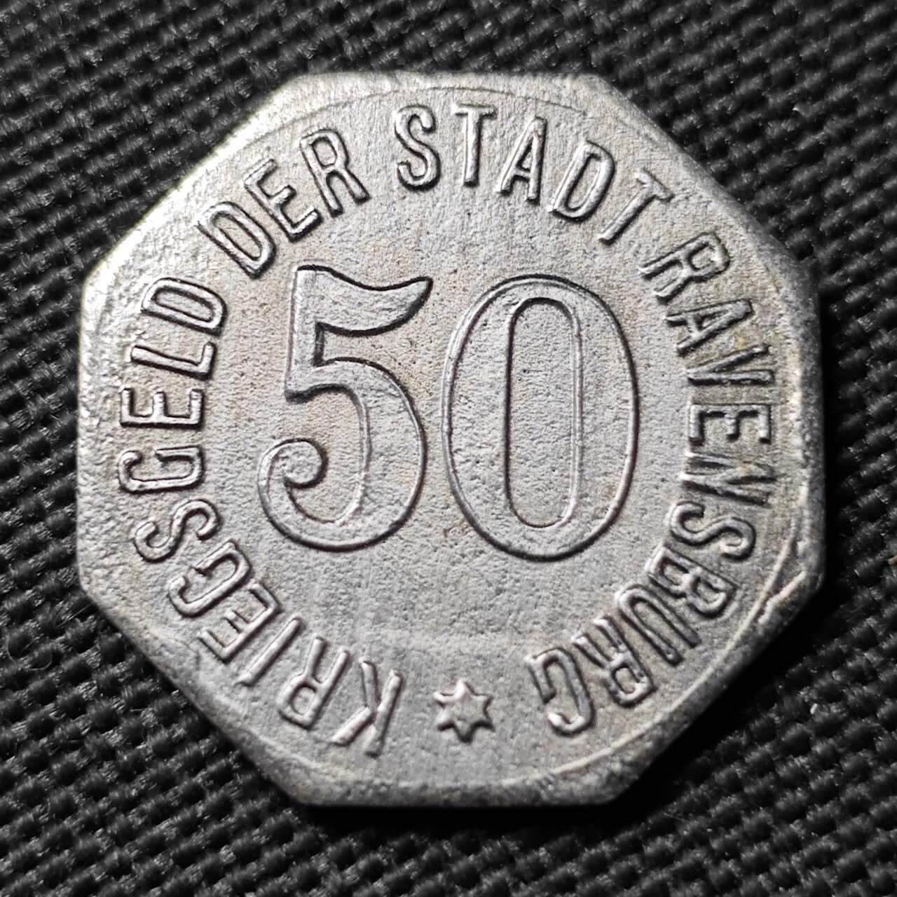 KK钱币收藏小铺  第397期 百期特怕（四拍之一） 2月预留时间 周末发货 1918 德紧Ravensburg拉文斯堡50芬尼铁币 