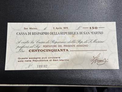 《外钞收藏家》第六百一十期（新年假期场/年后快递恢复正常再发货）（长期征集拍品、欢迎藏友们联系合作） - 圣马力诺共和国1976年150里拉官方版钱币稀少 基本全新