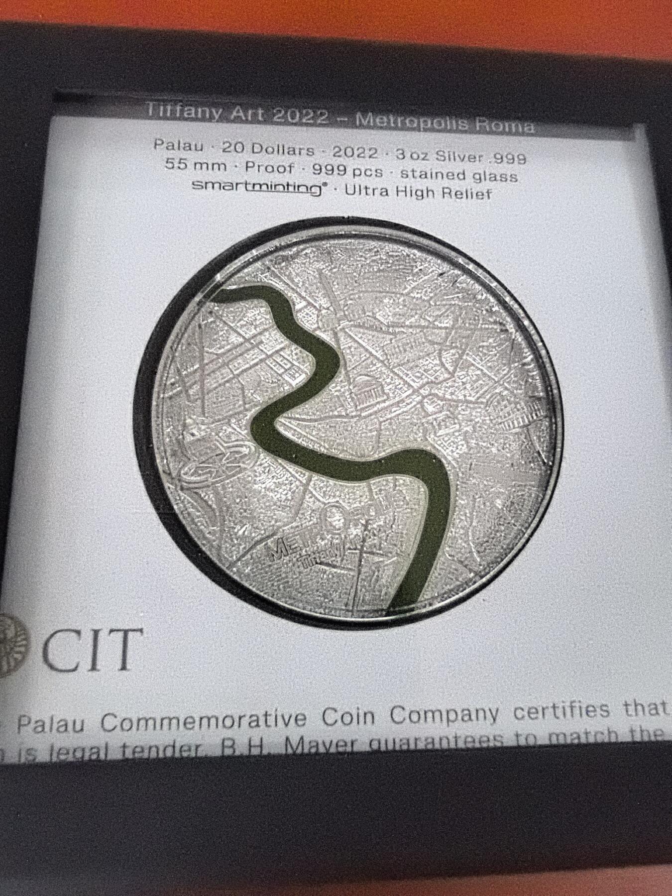 长老汇蛇年精选第一百场拍卖 2022帕劳罗马蒂凡尼20元镶嵌3盎司精制银币，盒证全，999枚