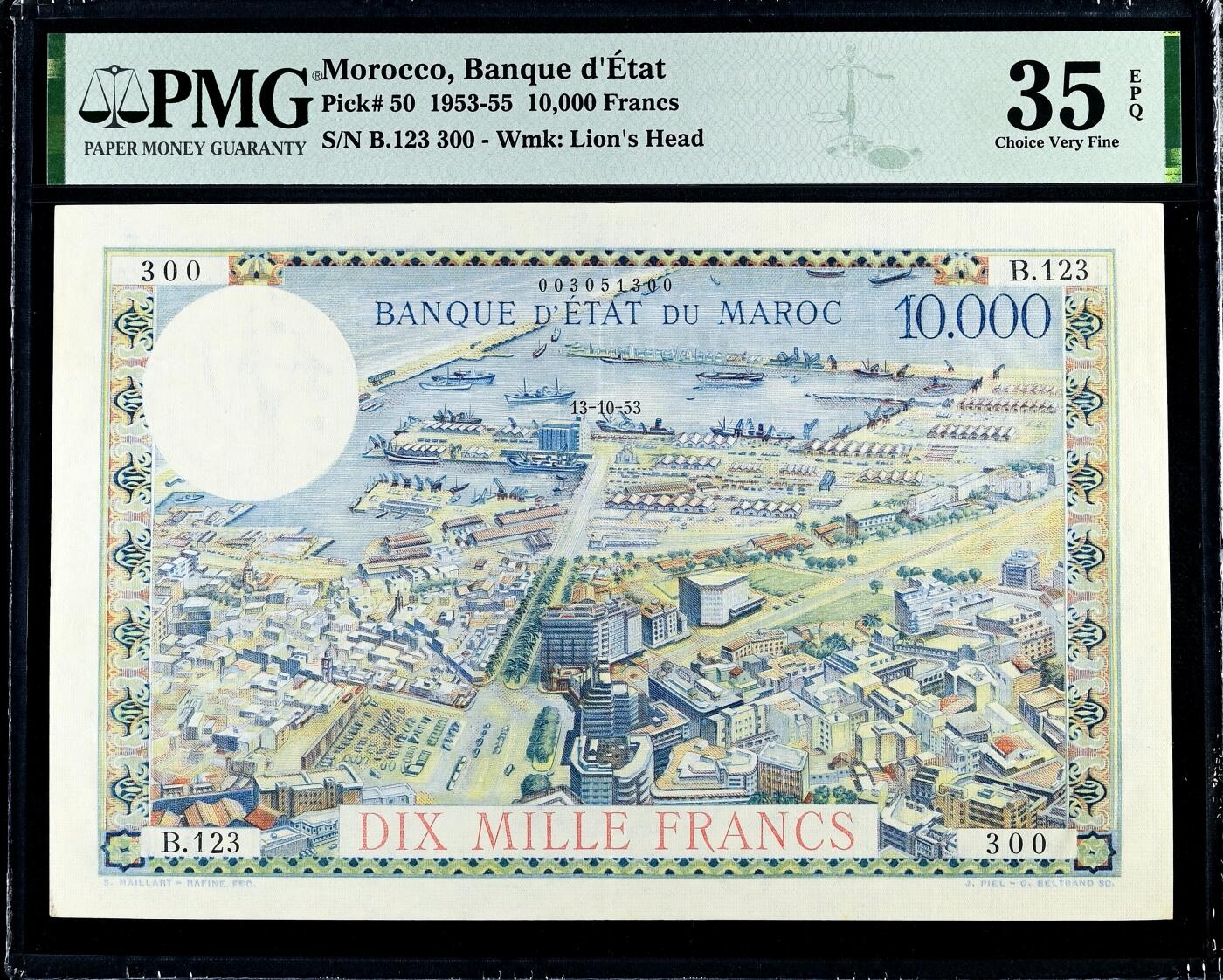 【Blue Auction】世界纸币精拍第786期——18级TOP拍卖/信誉/品质/专业/高效💫(年前收官场） 【唯一带EPQ 未加盖改值版本 极为罕见 300号靓号 初版“卡萨布兰卡”】摩洛哥 1953首年 10000法郎 PMG35EPQ 经典品种 大票幅 浪漫的卡萨布兰卡 “北非谍影”取景地 大场景非常漂亮（真正的1万法郎 而非100迪拉姆加盖 短暂发行 意义非凡 法属藏家常缺此张 而唯一原票魅力无限）