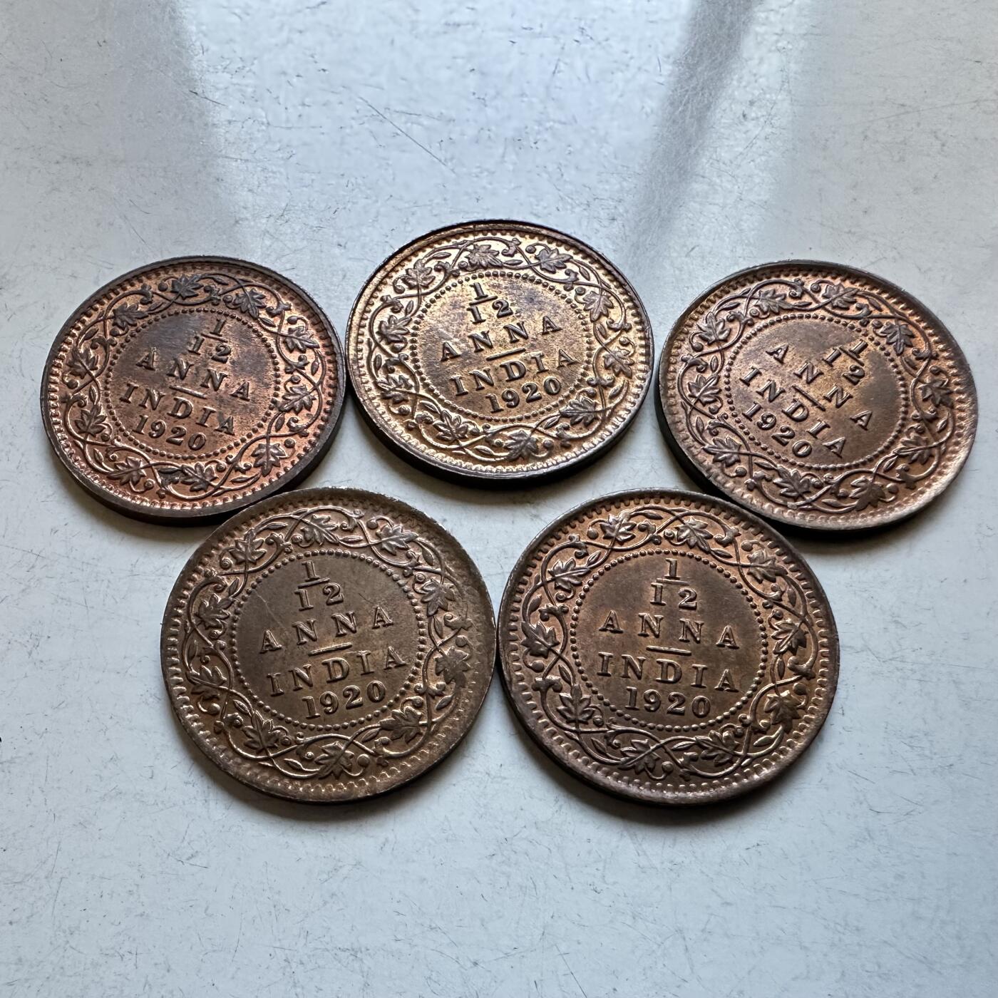 🌹外币初藏🌹🐯2026年第19场 快递已停，正月十五后再发 英属印度1920年1/12安娜 5枚 a