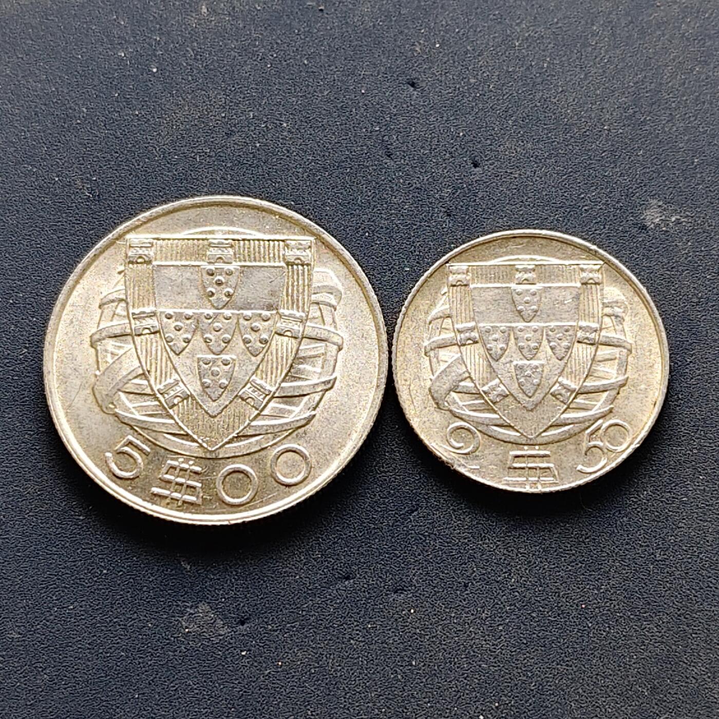 【全场包邮】纯粹捡漏拍502场 葡萄牙1951年2.5-5埃斯库多帆船银币2枚一组【25毫米7克65%+20毫米3.5克65%】