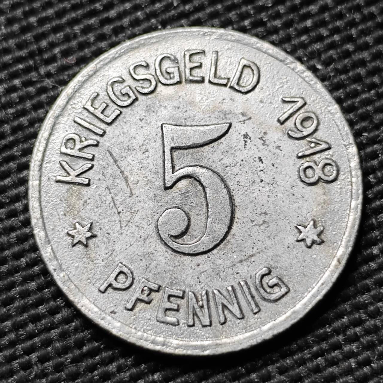 KK钱币收藏小铺  第397期 百期特怕（四拍之一） 2月预留时间 周末发货 1918 德紧西里西亚地区劳班市 5芬尼铁币 