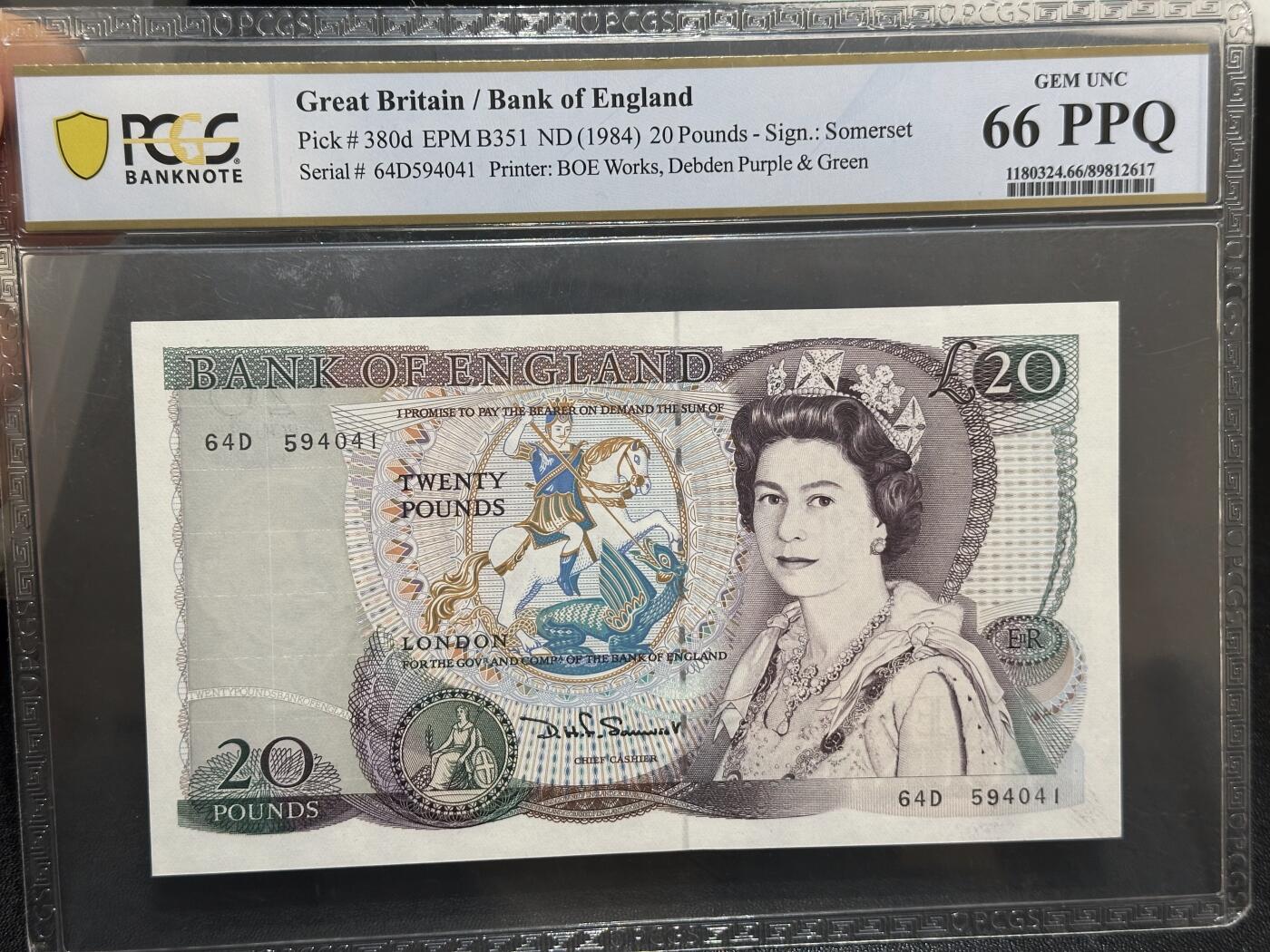 《外钞收藏家》第六百一十期（新年假期场/年后快递恢复正常再发货）（长期征集拍品、欢迎藏友们联系合作） 1984年英国D序列20镑 PCGS66 尾4041