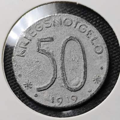 KK钱币收藏小铺  第397期 百期特怕（四拍之一） 2月预留时间 周末发货 -  1919 德紧黑斯费尔德 50芬尼锌币