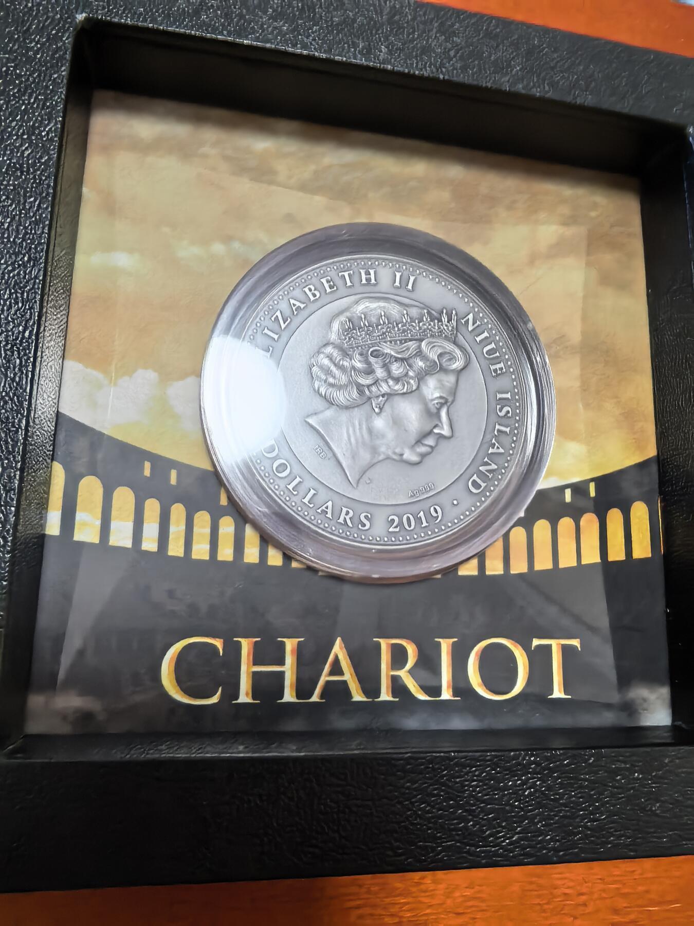 长老汇蛇年精选第一百场拍卖 2019纽埃战车5元局部镀金仿古银币，2盎司999银，500枚，盒证全