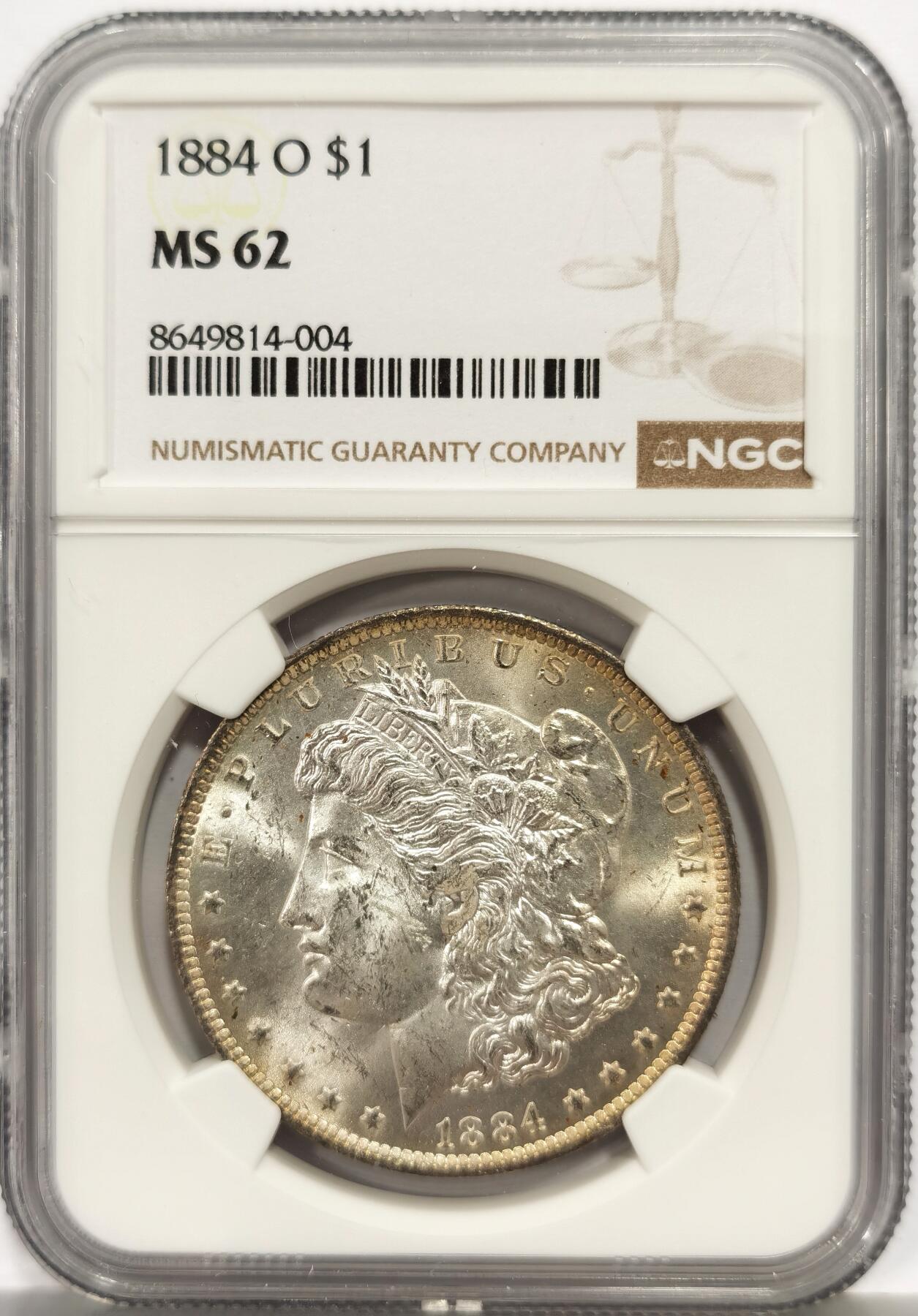 博洋堂蛇年收官专场暨第161期（全场包邮） NGC MS62 美国1884 O版摩根银币 正反非常好看的淡金色包浆，自然形成非后天养成。币面干净机铸纹明显，人物雄鹰深打，羽毛根根分明，爆光光度非常好，64分品相惨遭错杀。