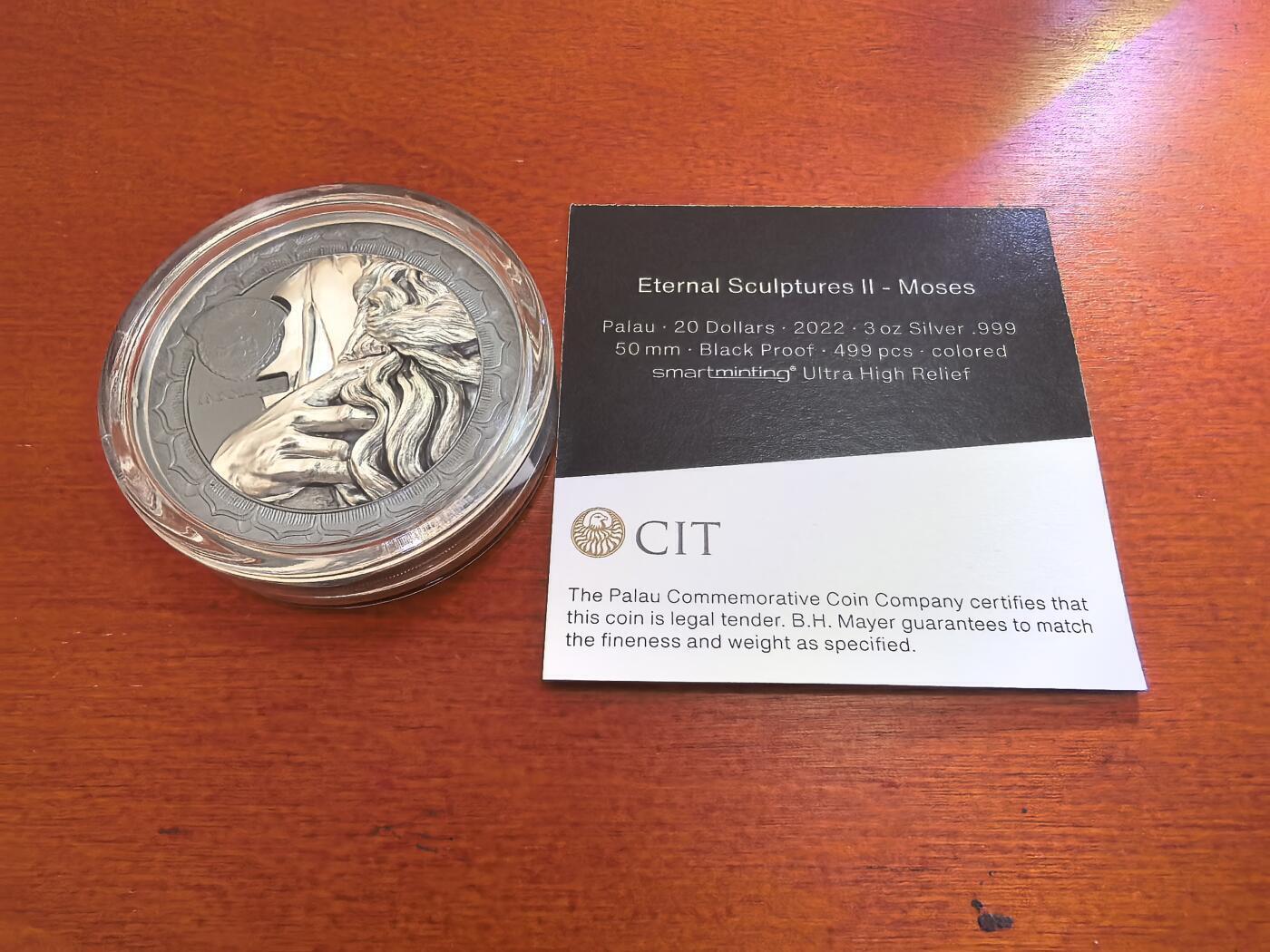 长老汇蛇年精选第一百场拍卖 2022帕劳永恒的雕塑之摩西（米开朗基罗作品）20元超高浮雕彩色精制银币，3盎司999银，盒证全，499枚