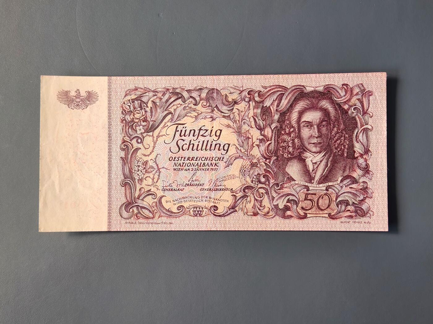 2月11号晚上8点 外国纸币自动截拍第24场 奥地利1951年50先令 美品