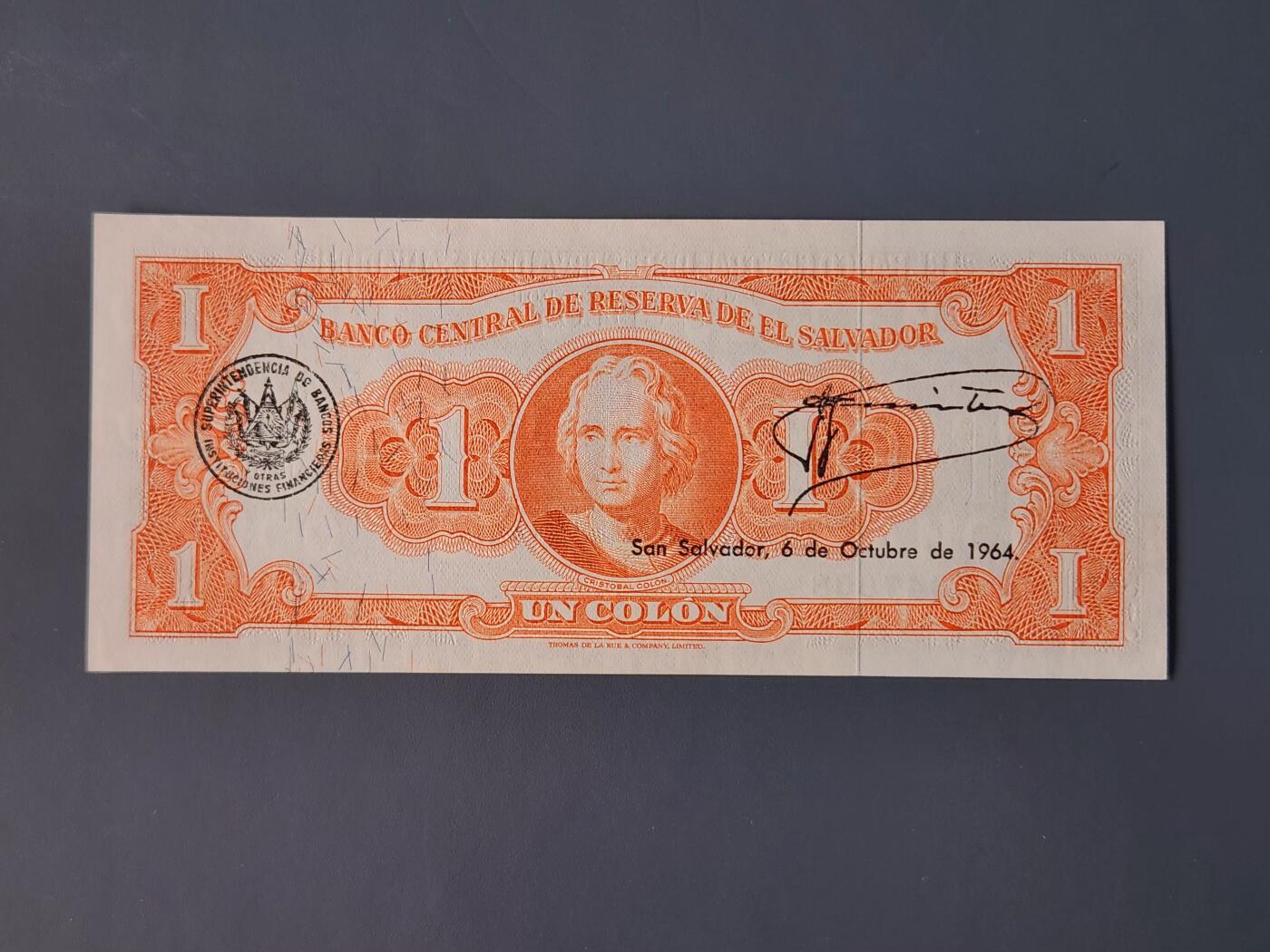 2月11号晚上8点 外国纸币自动截拍第24场 1963年萨尔瓦多纸币1科郎 新品