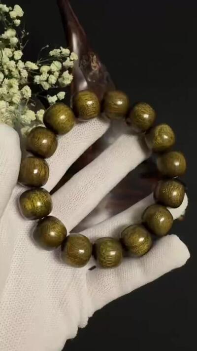 零元拍：金丝楠祖母绿老型珠手串，15.7/15MM 金丝满满，满手留香