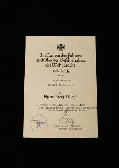 欢庆春节！戎马世界章牌大赏第112期春节大拍  德专场 - 空军航炮手 赫伯特·克勒的一级铁十字勋章证书  由罕见的奥地利人  空军上将亚历山大·勒尔 亲笔签名