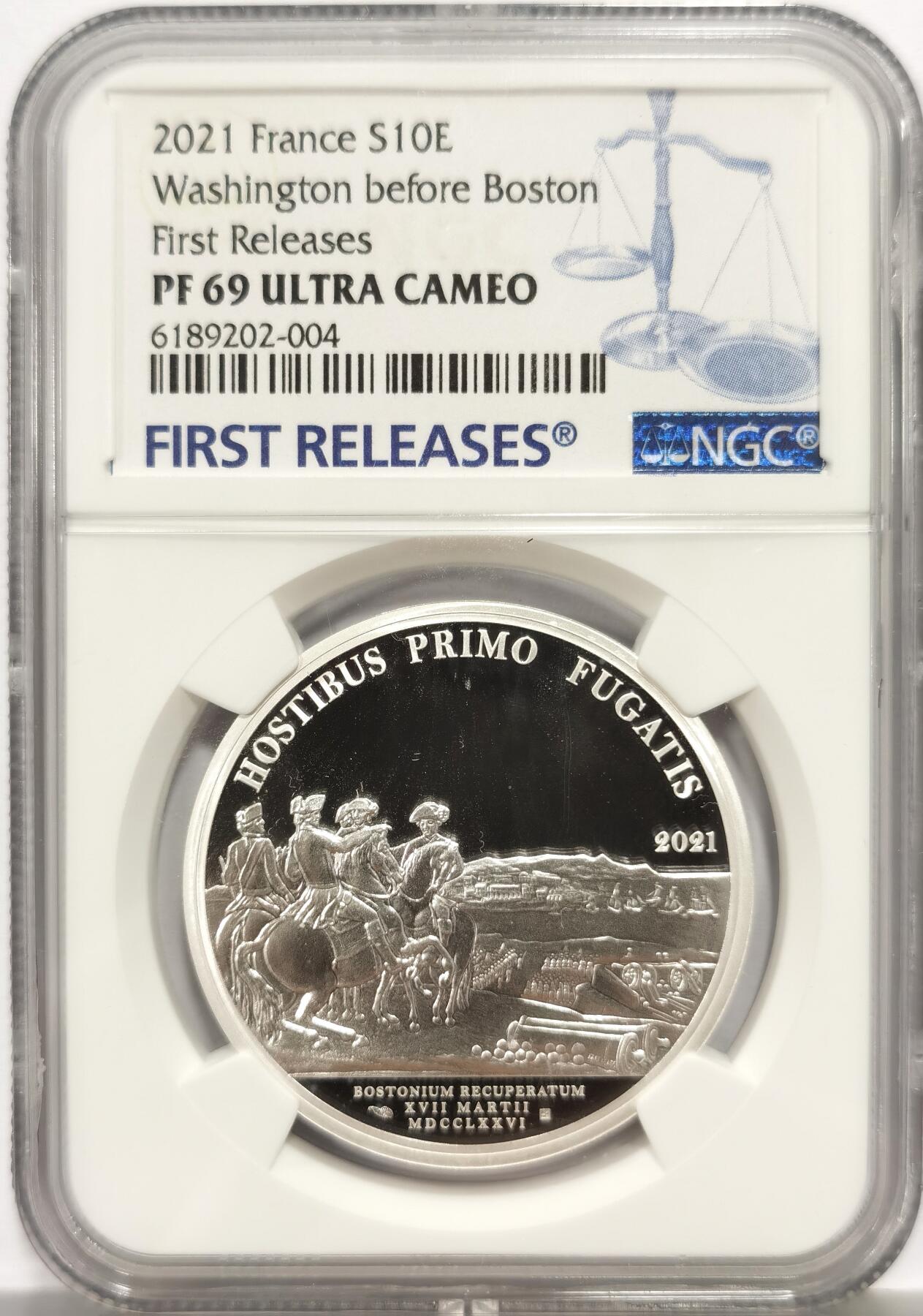 博洋堂蛇年收官专场暨第161期（全场包邮） NGC PF69UC 法国2021年华盛顿抵达波士顿10欧元精制银币，直径37mm，重22.2g，900银，发行2500枚。PROOF精制币，币面清爽干净又舒适，状态一流。