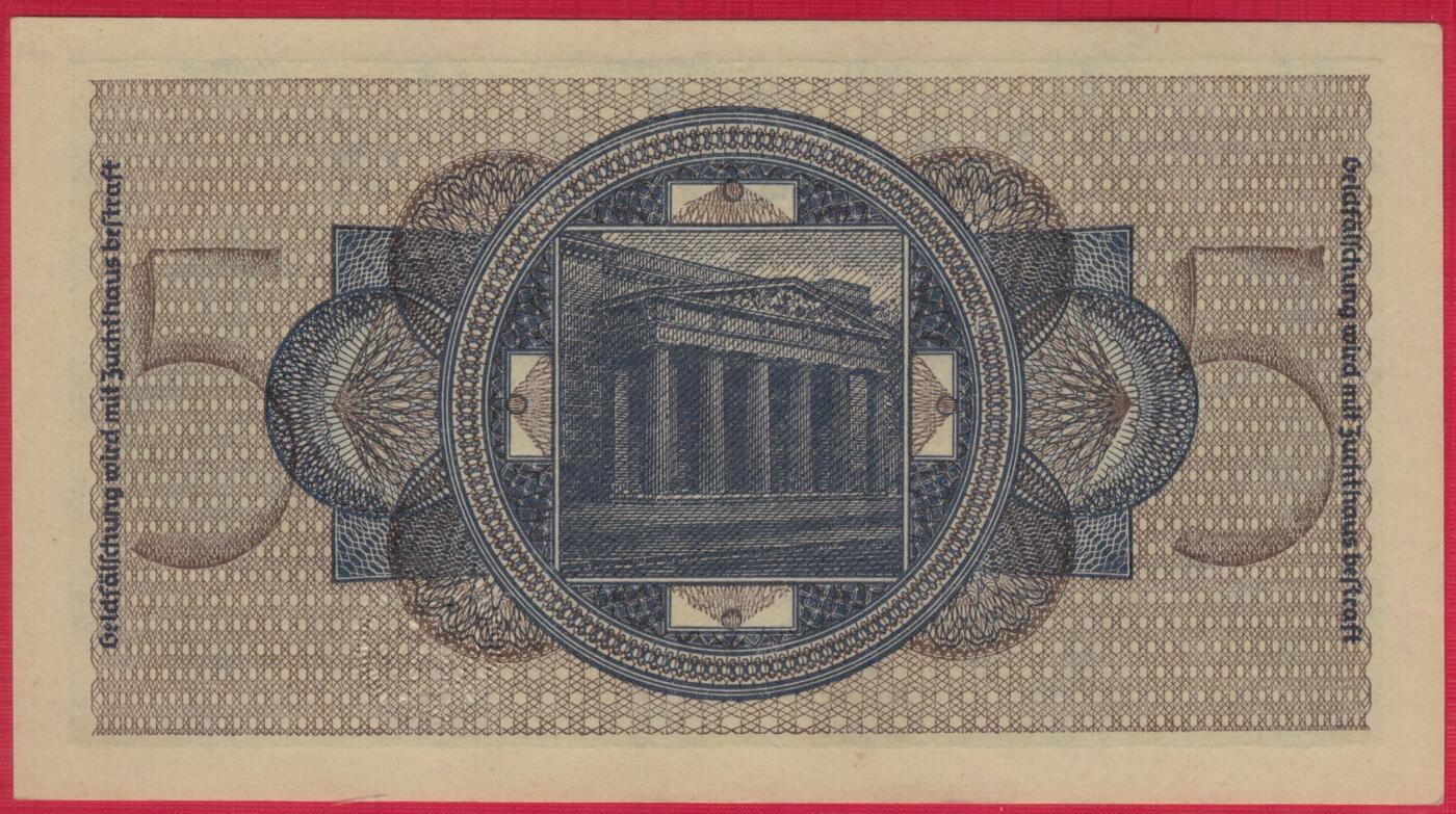 德国1940年至1945年5马克 P-R138a 七位号码版 实物图 UNC 