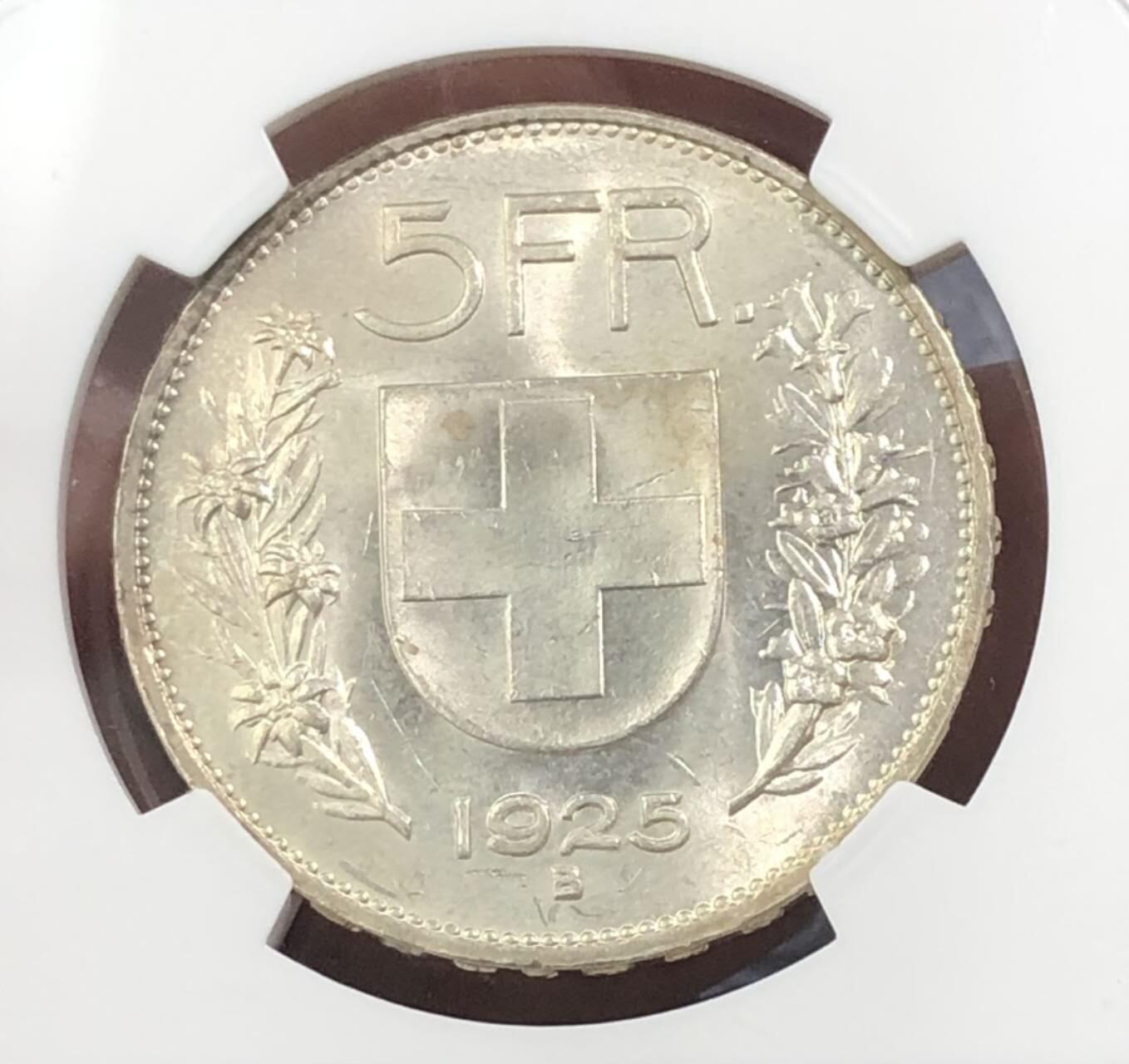 少见瑞士1926年大R版赫尔维蒂5法郎大银币NGC-MS64