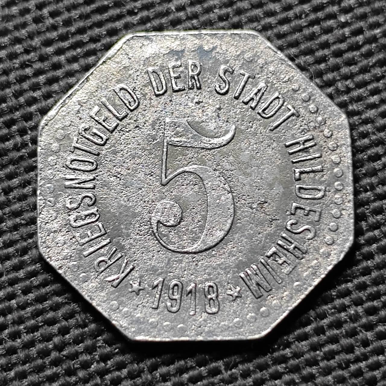 KK钱币收藏小铺  第397期 百期特怕（四拍之一） 2月预留时间 周末发货 1918 德紧希尔德斯海姆市 5芬尼铁币 