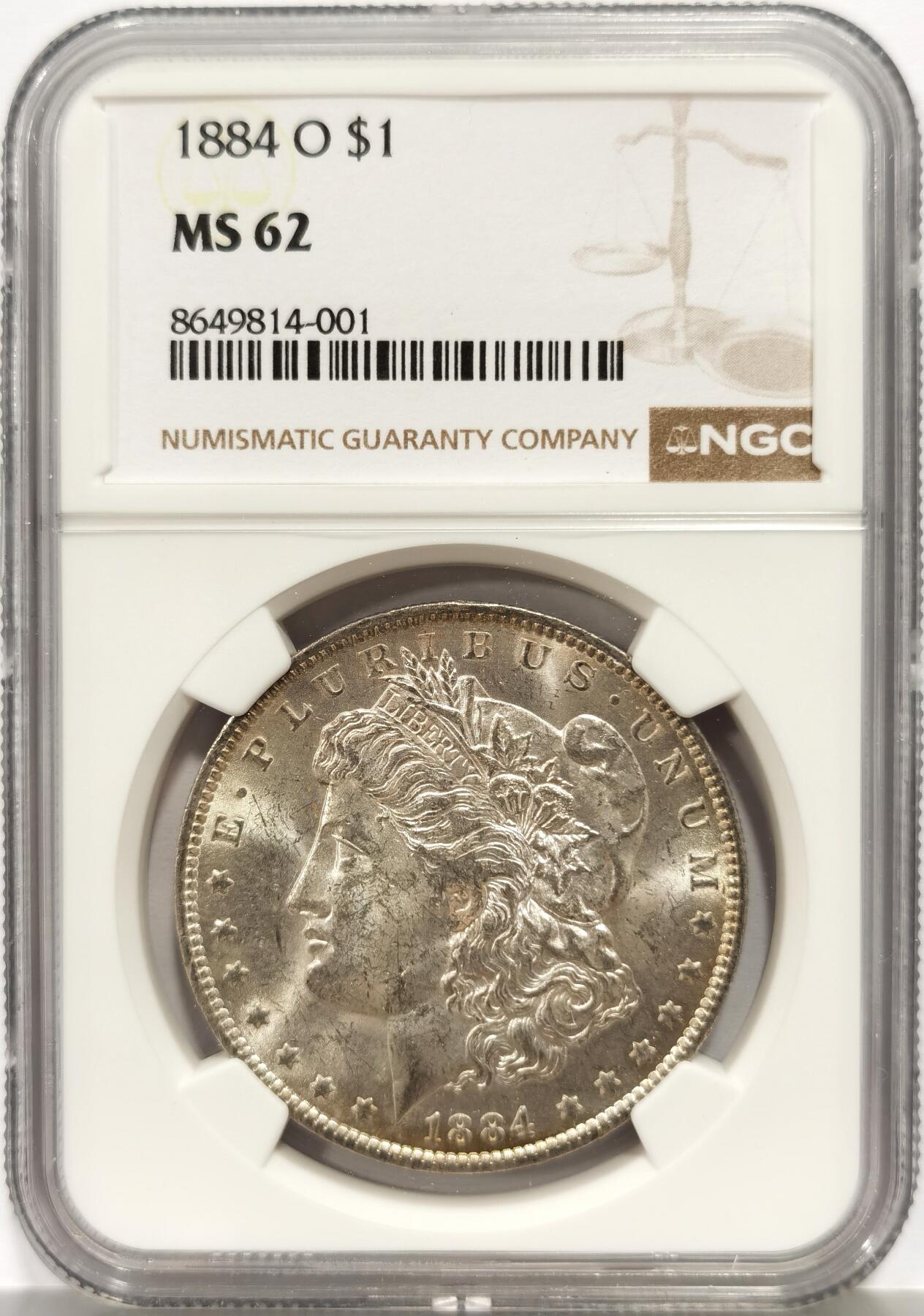 博洋堂蛇年收官专场暨第161期（全场包邮） NGC MS62 美国1884 O版摩根银币 非常好看的月牙彩，带点淡金色硫化包浆，光度一流，转光流畅不断，62分严重低评。