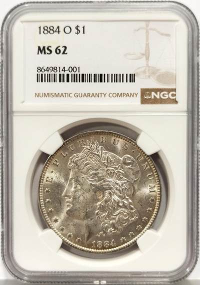 博洋堂蛇年收官专场暨第161期（全场包邮） - NGC MS62 美国1884 O版摩根银币 非常好看的月牙彩，带点淡金色硫化包浆，光度一流，转光流畅不断，62分严重低评。