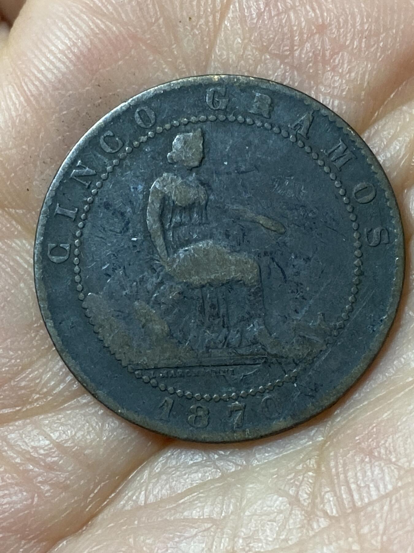 2026年第二十三场(总第一百九十二场）外国好品散币场(年后发货) 西班牙1870单年份5分(临时政府时期，八角星标巴塞罗那造)