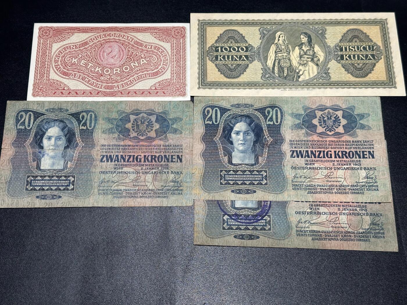 《外钞收藏家》第六百一十期（新年假期场/年后快递恢复正常再发货）（长期征集拍品、欢迎藏友们联系合作） 1920年匈牙利2克朗+1943年克罗地亚1000库纳+1913年奥地利20克朗 匈牙利和克罗地亚较新 奥地利非全新