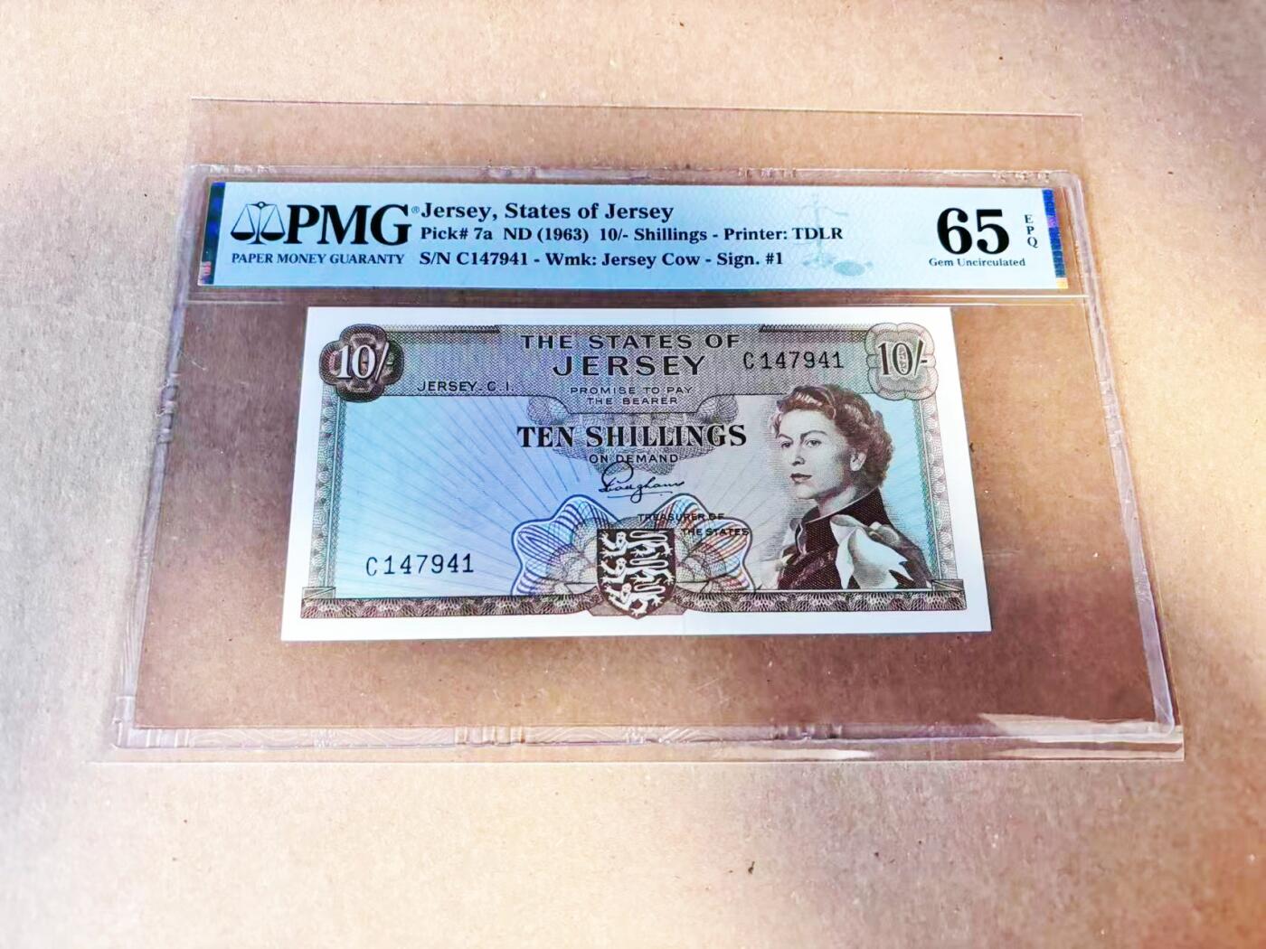 【Blue Auction】世界纸币精拍第786期——18级TOP拍卖/信誉/品质/专业/高效💫(年前收官场） 泽西1963年10先令 戎装女王 背面为该岛最古老、等级最高的庄园St. Ouen's Manor PMG65EPQ