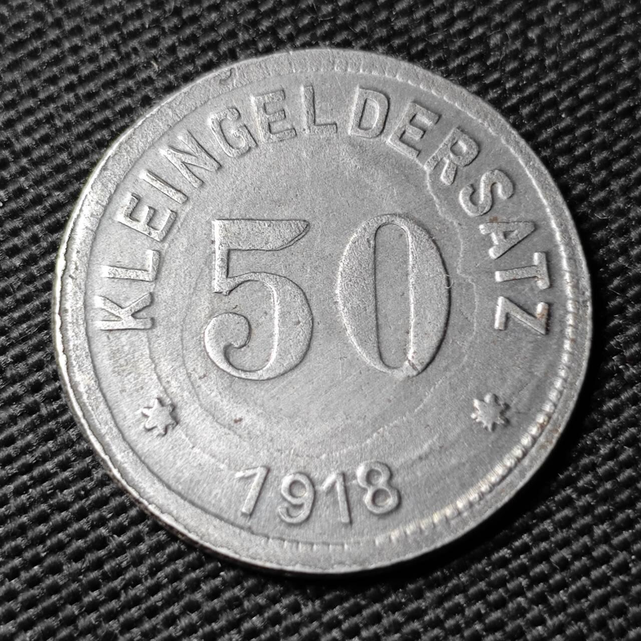 KK钱币收藏小铺  第397期 百期特怕（四拍之一） 2月预留时间 周末发货 1918 德紧 库埃尔富尔特50芬尼铁币 好品