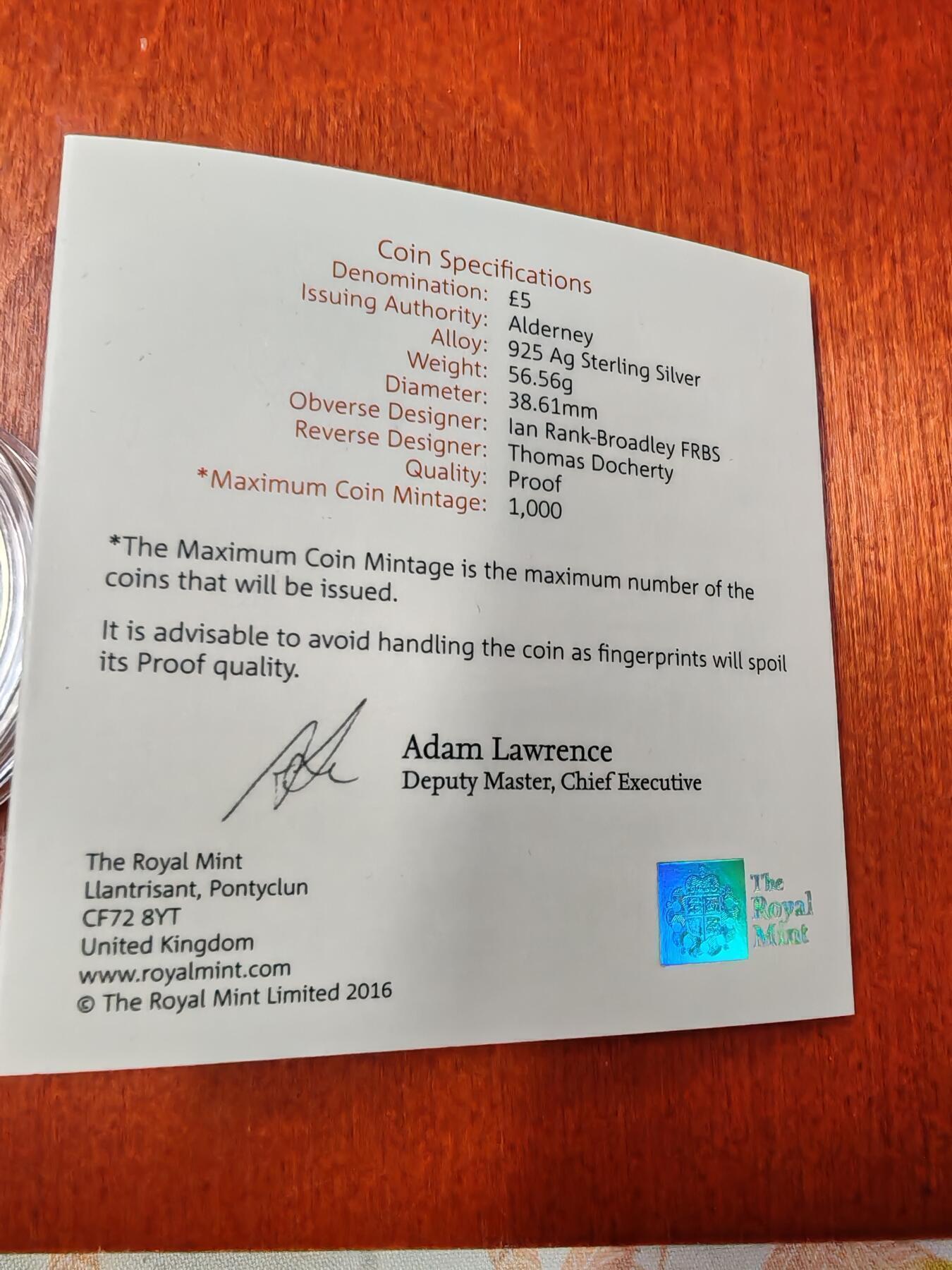 长老汇蛇年精选第一百场拍卖 2016奥尔德尼阵亡将士纪念日5英镑彩色加厚精制币，56.56克925银，盒证全，1000枚，市场价2000元