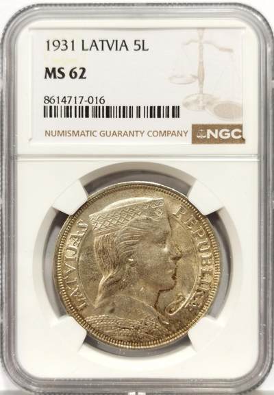 博洋堂蛇年收官专场暨第161期（全场包邮） - NGC MS62 拉脱维亚1931年谷物女神5拉特大银币，带漂亮五彩，转光十足。