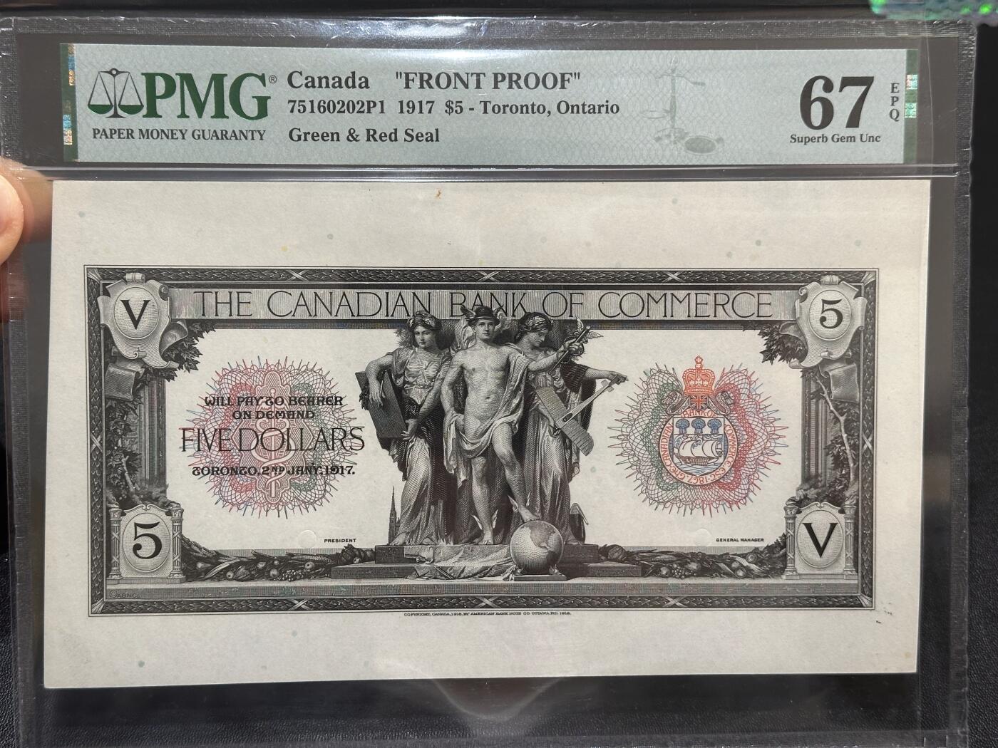 《外钞收藏家》第六百一十期（新年假期场/年后快递恢复正常再发货）（长期征集拍品、欢迎藏友们联系合作） 1917年加拿大5加元 印样 PMG67 精美稀少