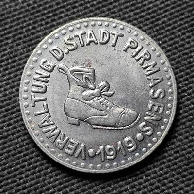 KK钱币收藏小铺  第397期 百期特怕（四拍之一） 2月预留时间 周末发货 - 1919 德紧皮尔马森斯 50芬尼铁币 经典靴子图案 