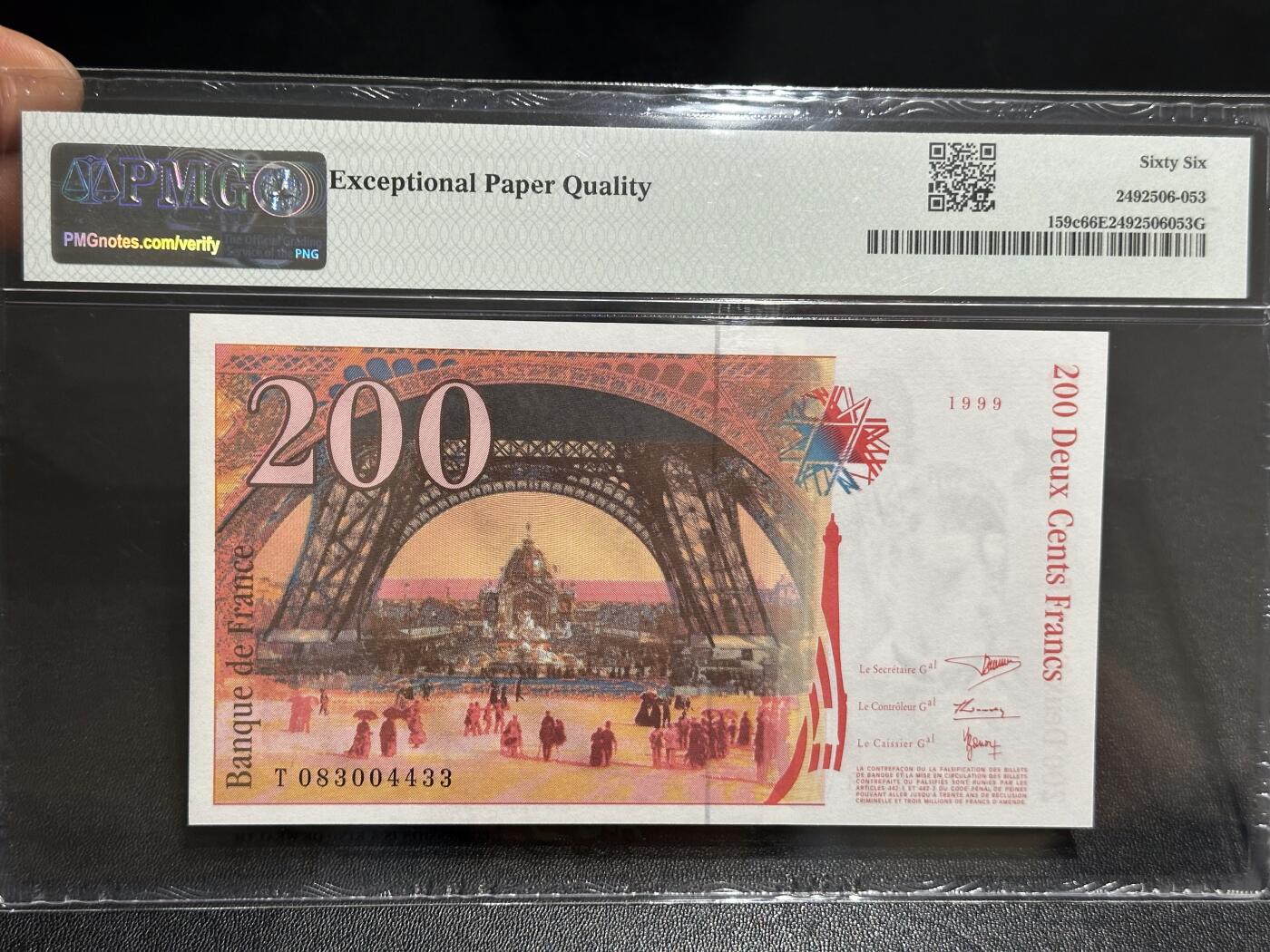《外钞收藏家》第六百一十期（新年假期场/年后快递恢复正常再发货）（长期征集拍品、欢迎藏友们联系合作） 1999年法国末版200法郎 PMG66