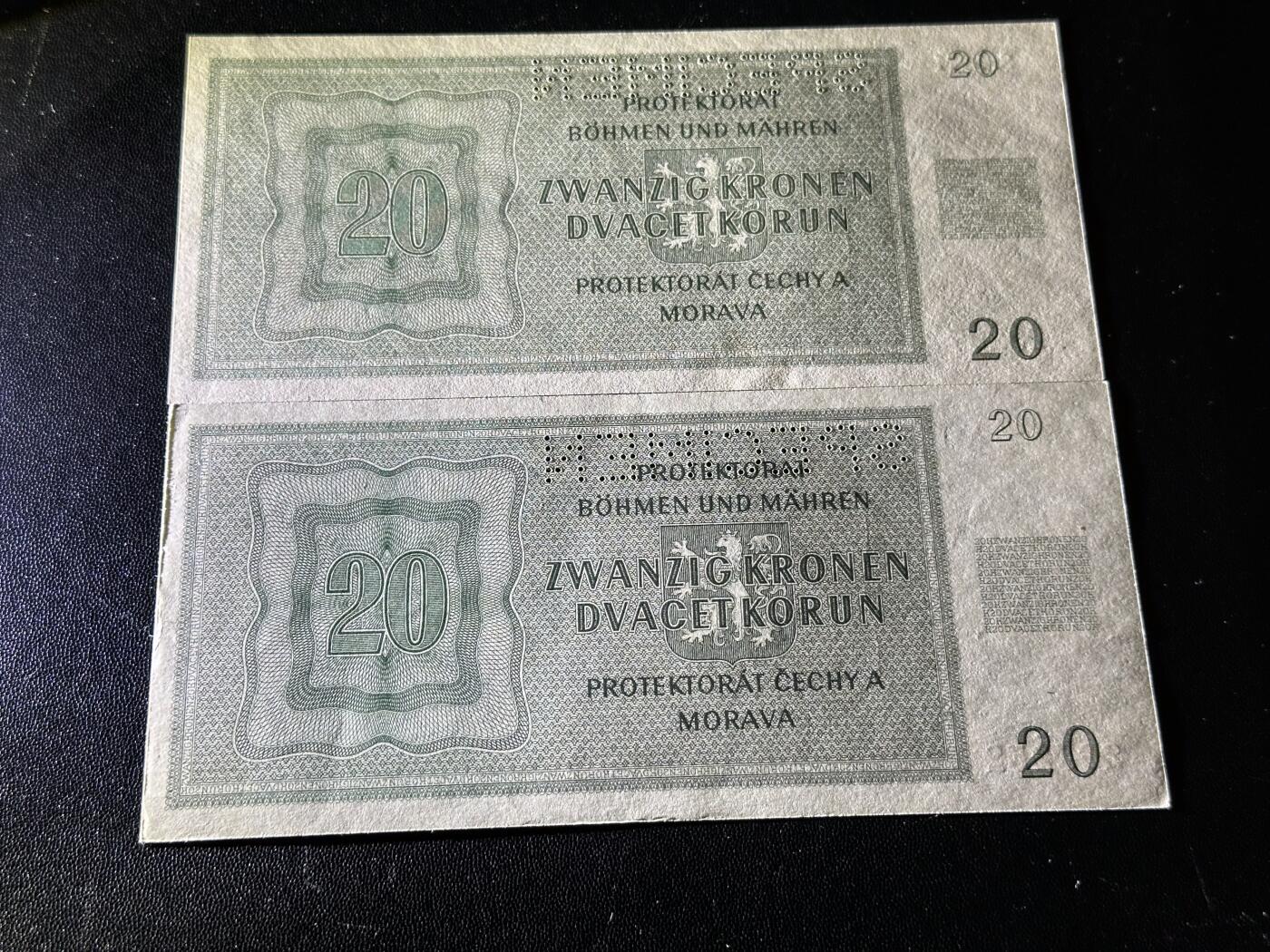 《外钞收藏家》第六百一十期（新年假期场/年后快递恢复正常再发货）（长期征集拍品、欢迎藏友们联系合作） 1944年波西米亚20克朗 样钞2张一起  UNC-