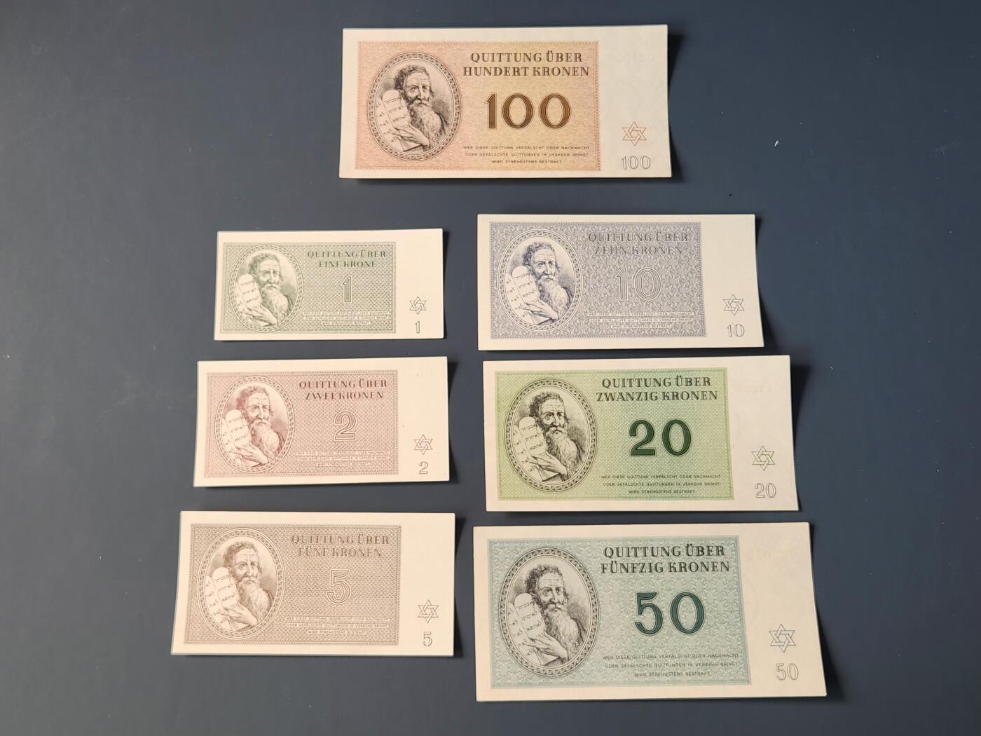 2月10号晚上8点 外国纸币自动截拍第23场 特莱西恩施塔特 德占 捷克 犹太集中营币 1-100克朗 全新原票全套7枚 1943年