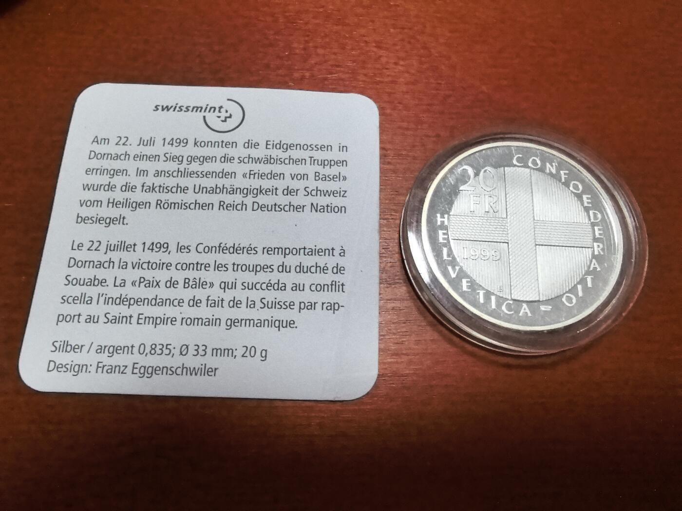 长老汇蛇年精选第一百场拍卖 1999瑞士多纳克战役500周年20法郎精制银币，20克835银，盒证全，1.1万枚