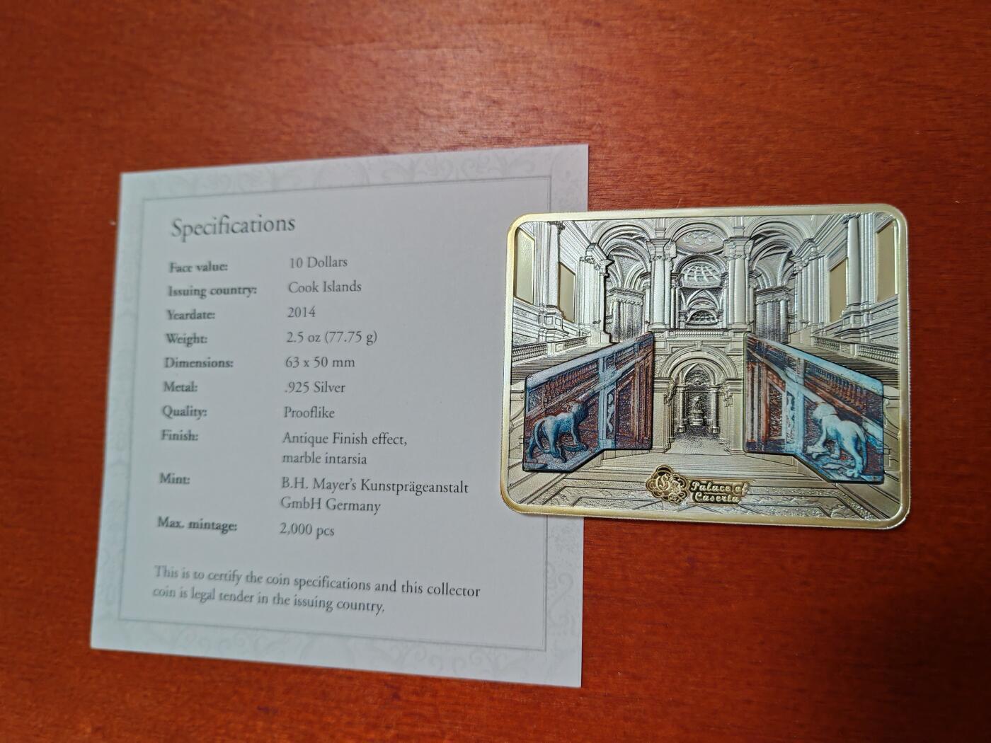 长老汇蛇年精选第一百场拍卖 2014库克群岛意大利卡塞塔宫10元矩形类精制仿古银币，2.5盎司925银，大理石镶嵌技术，2000枚
