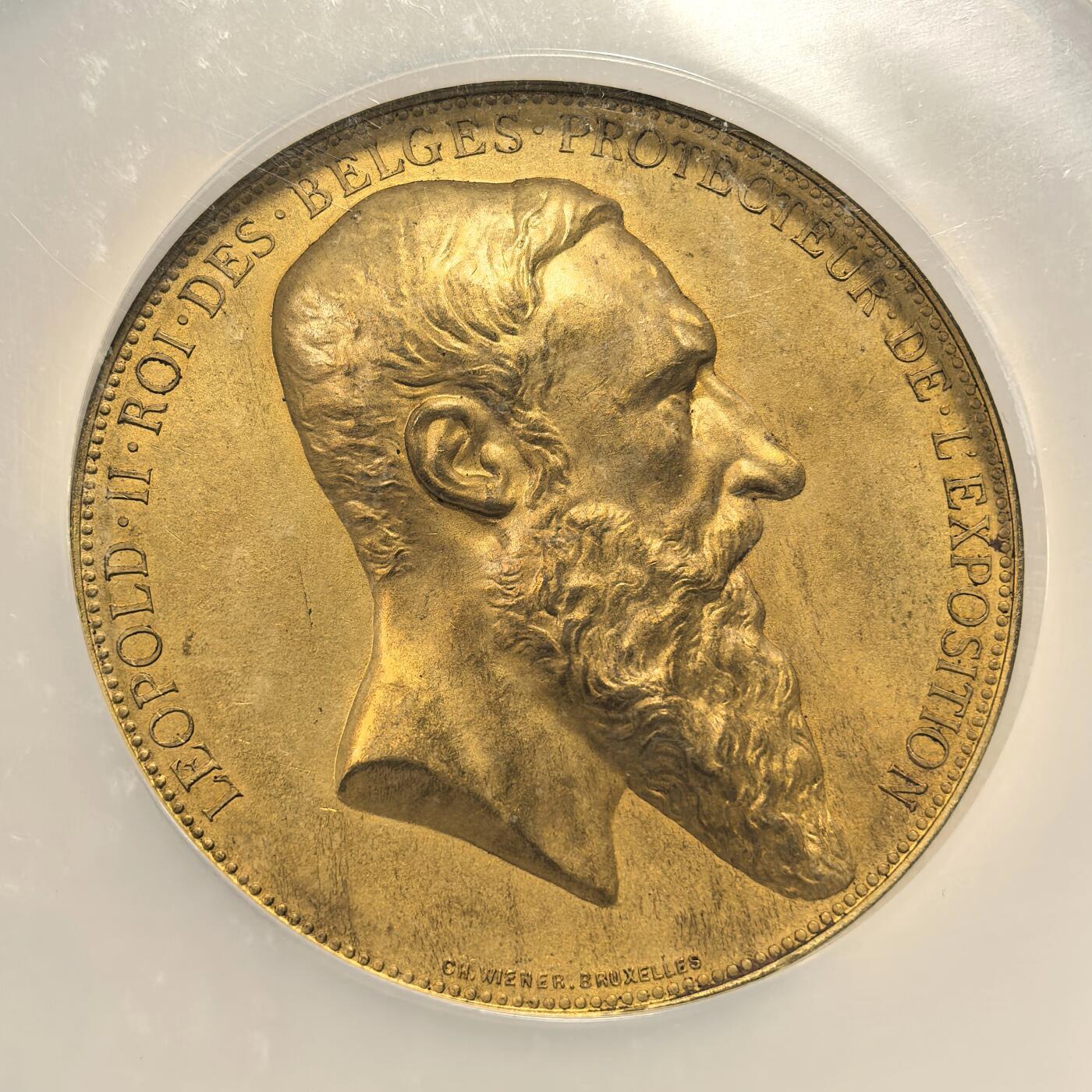 博洋堂蛇年收官专场暨第161期（全场包邮） NGC MS64 冠军分！奥地利1885年安特卫普市环球博览会超大镀金铜章，58mm加大加厚品种，镀金版极其少见！